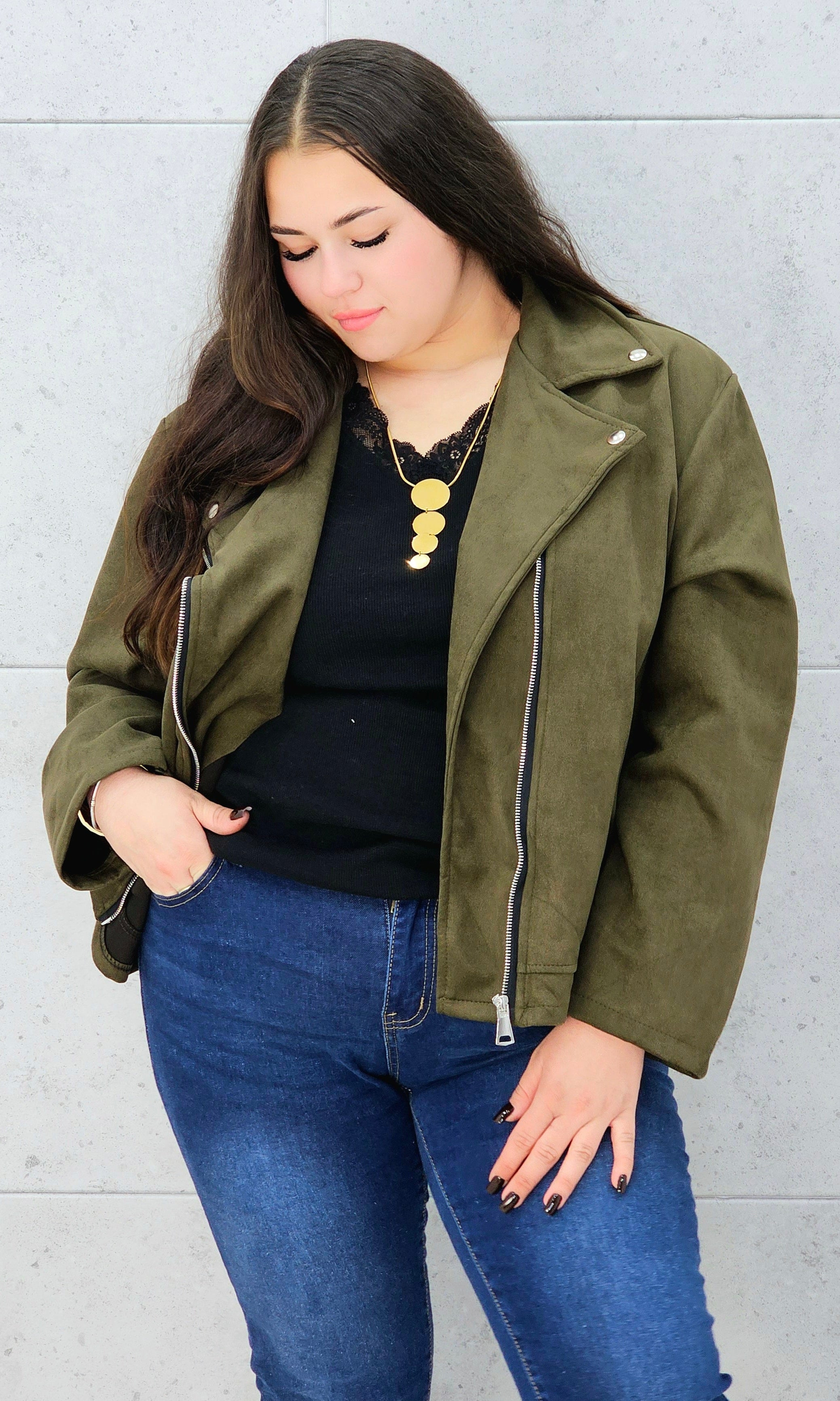 Kurtka ramoneska zamszowa khaki - rozmiary Stylowa XL