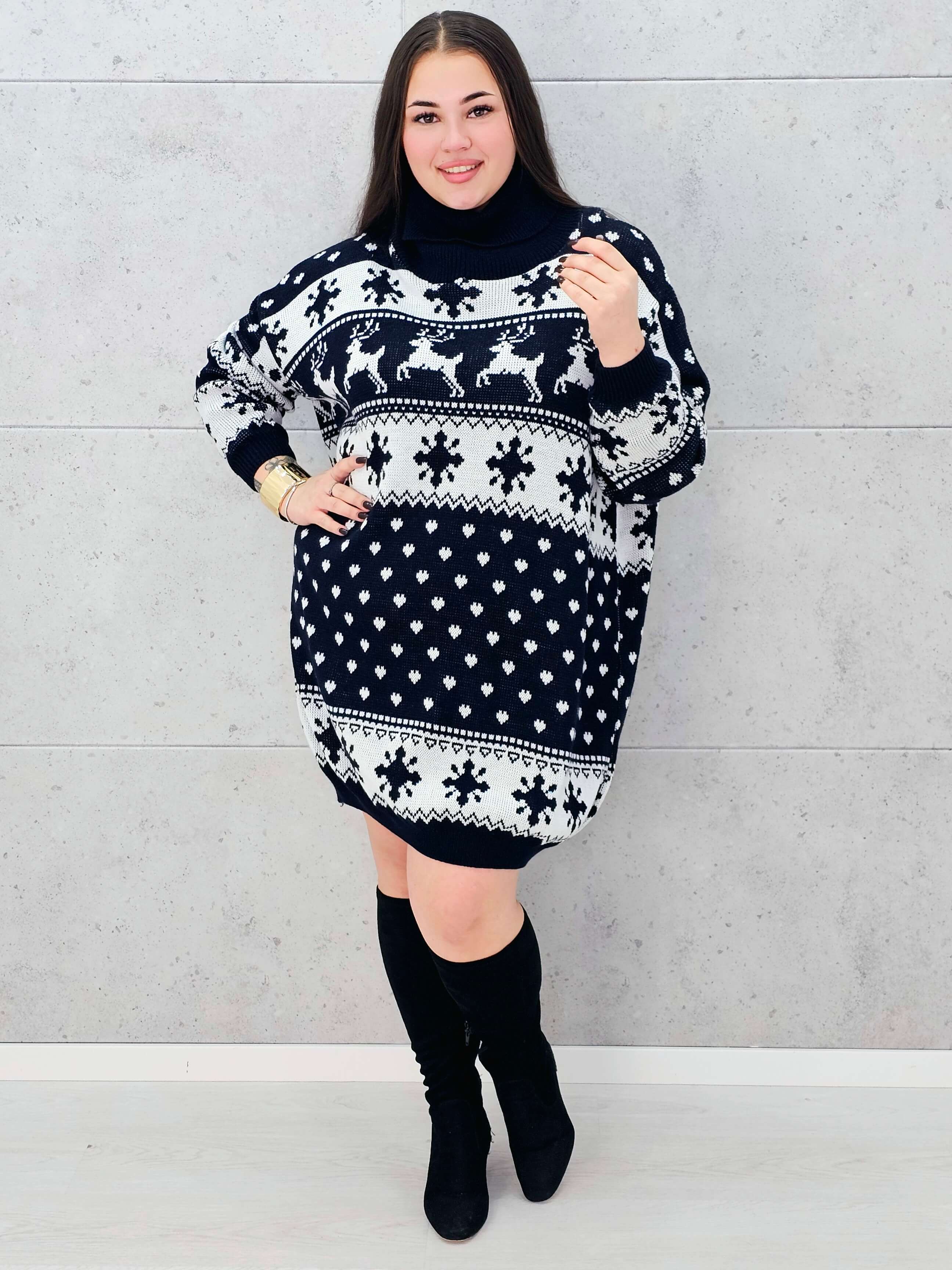 Sukienka swetrowa z golfem – zimowa sukienka plus size w renifery i śnieżynki Stylowa XL