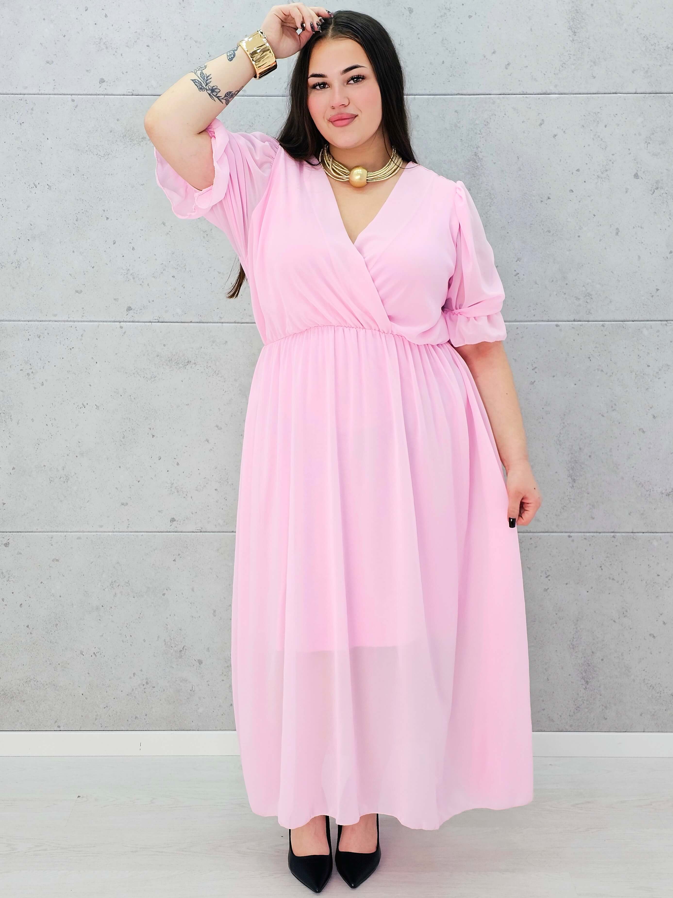 Sukienka szyfonowa maxi z bufiastym rękawem – w wielu kolorach Stylowa XL