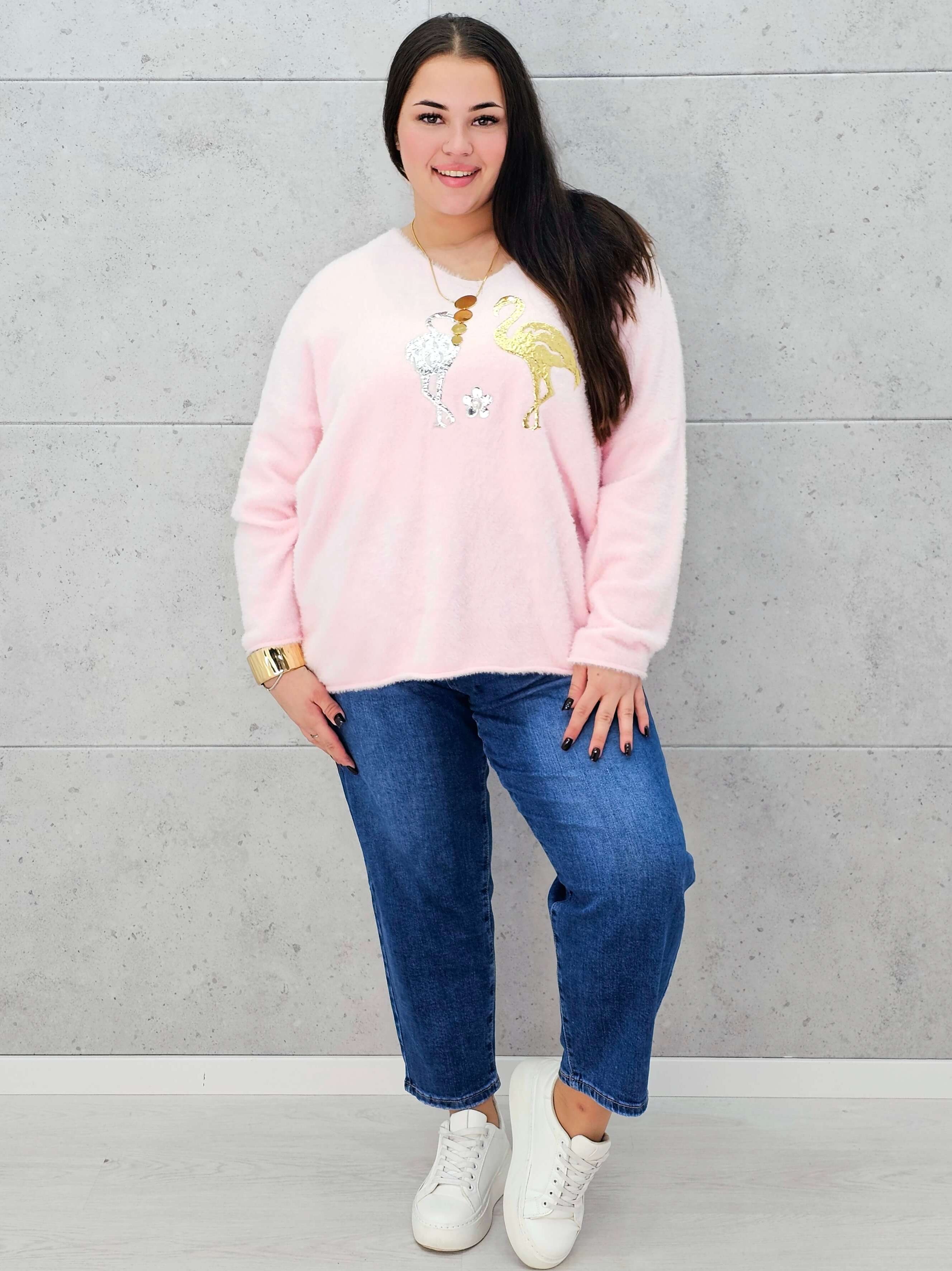 Sweter z flamingami  Livans – miękki puszek plus size Stylowa XL