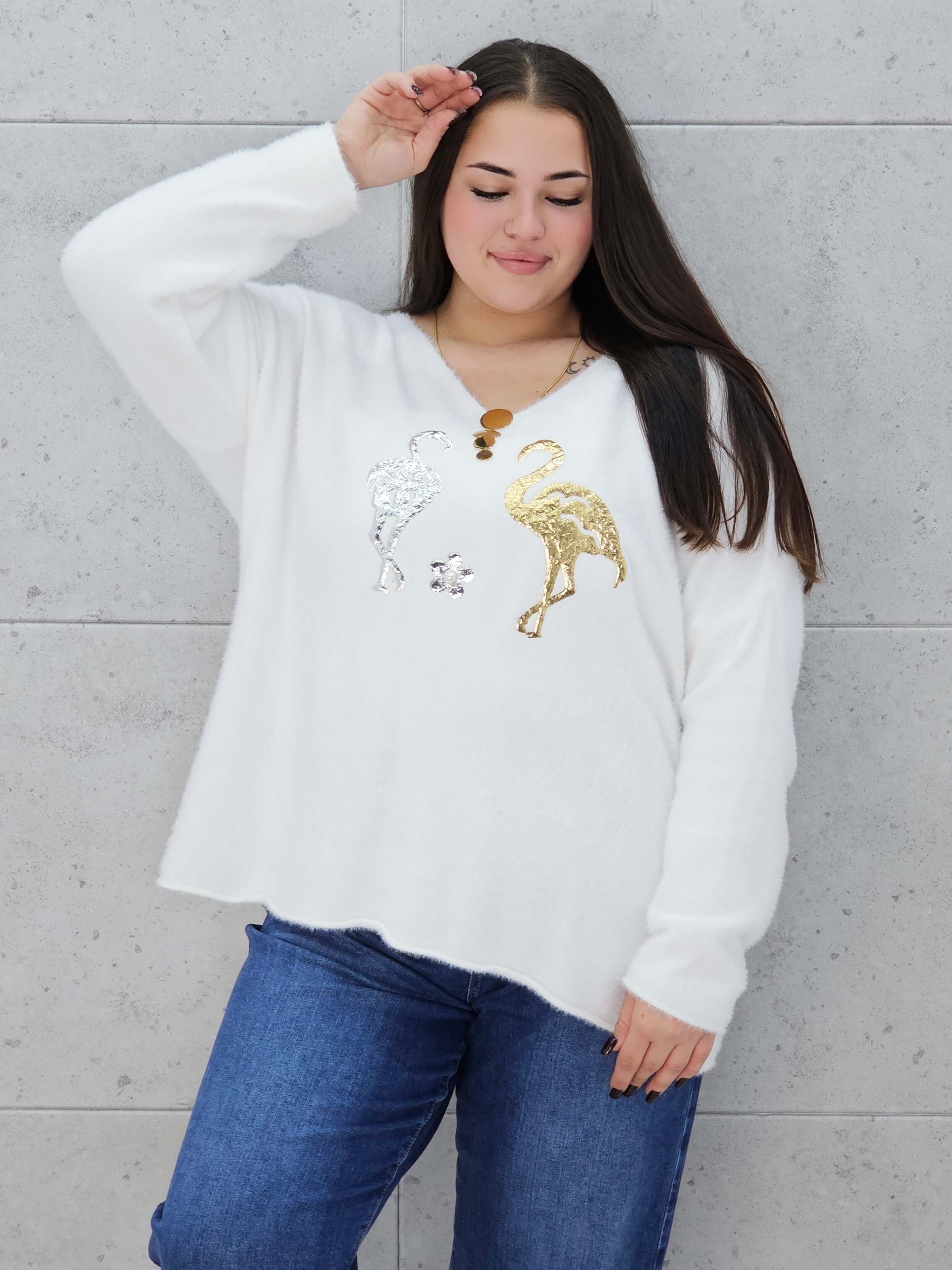 Sweter z flamingami Livans – miękki puszek plus size Stylowa XL