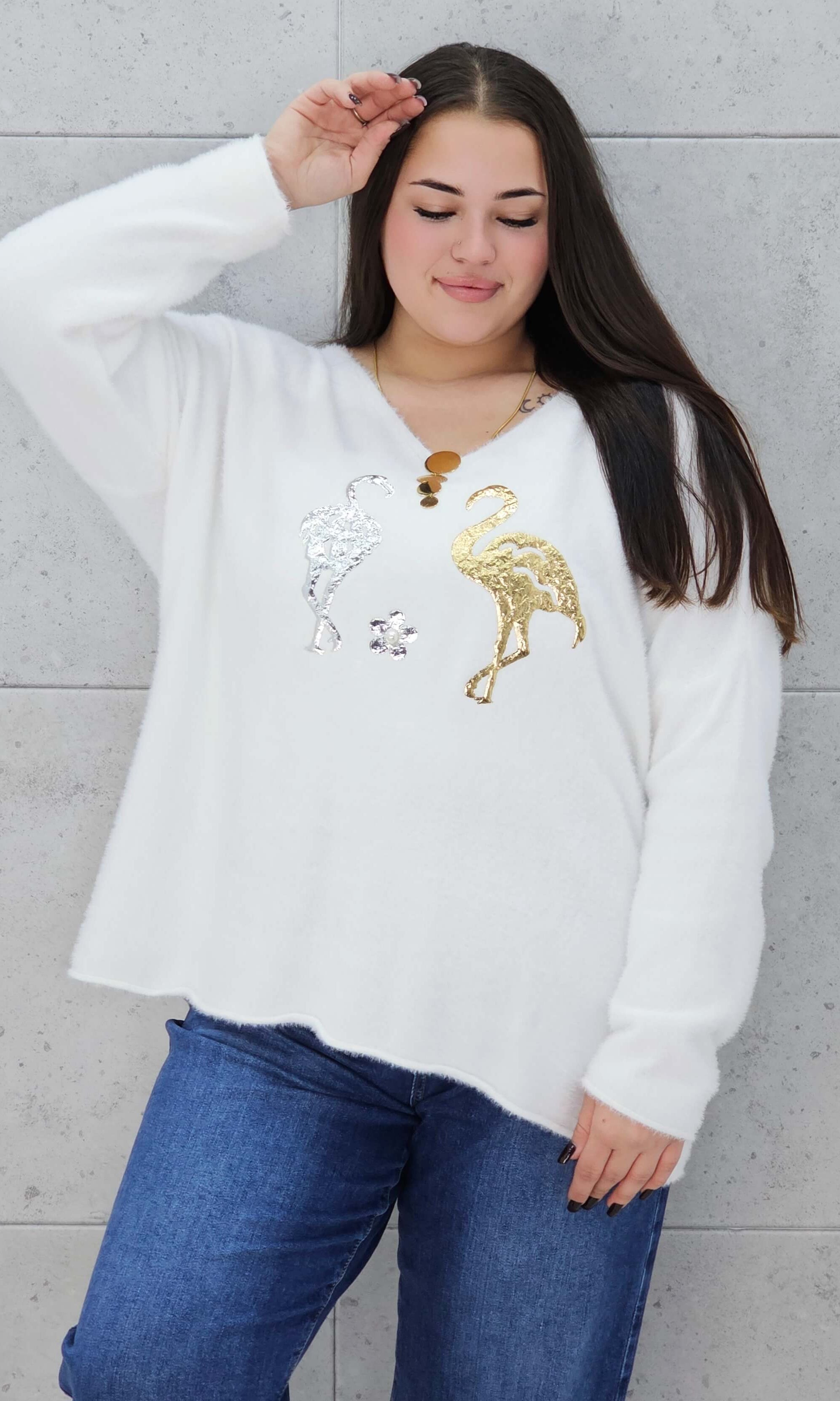 Sweter z flamingami Livans – miękki puszek plus size Stylowa XL