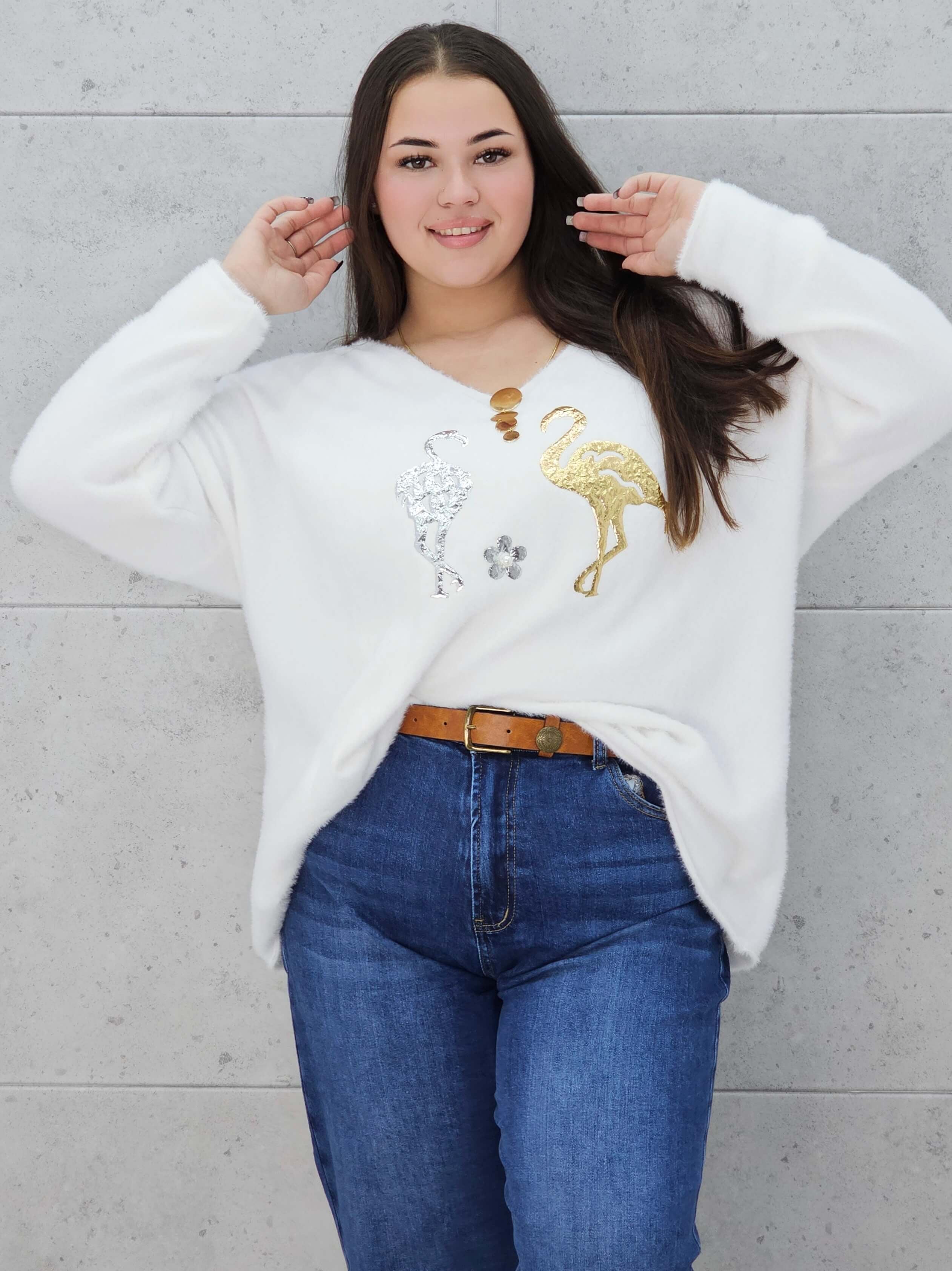 Sweter z flamingami  Livans – miękki puszek plus size Stylowa XL