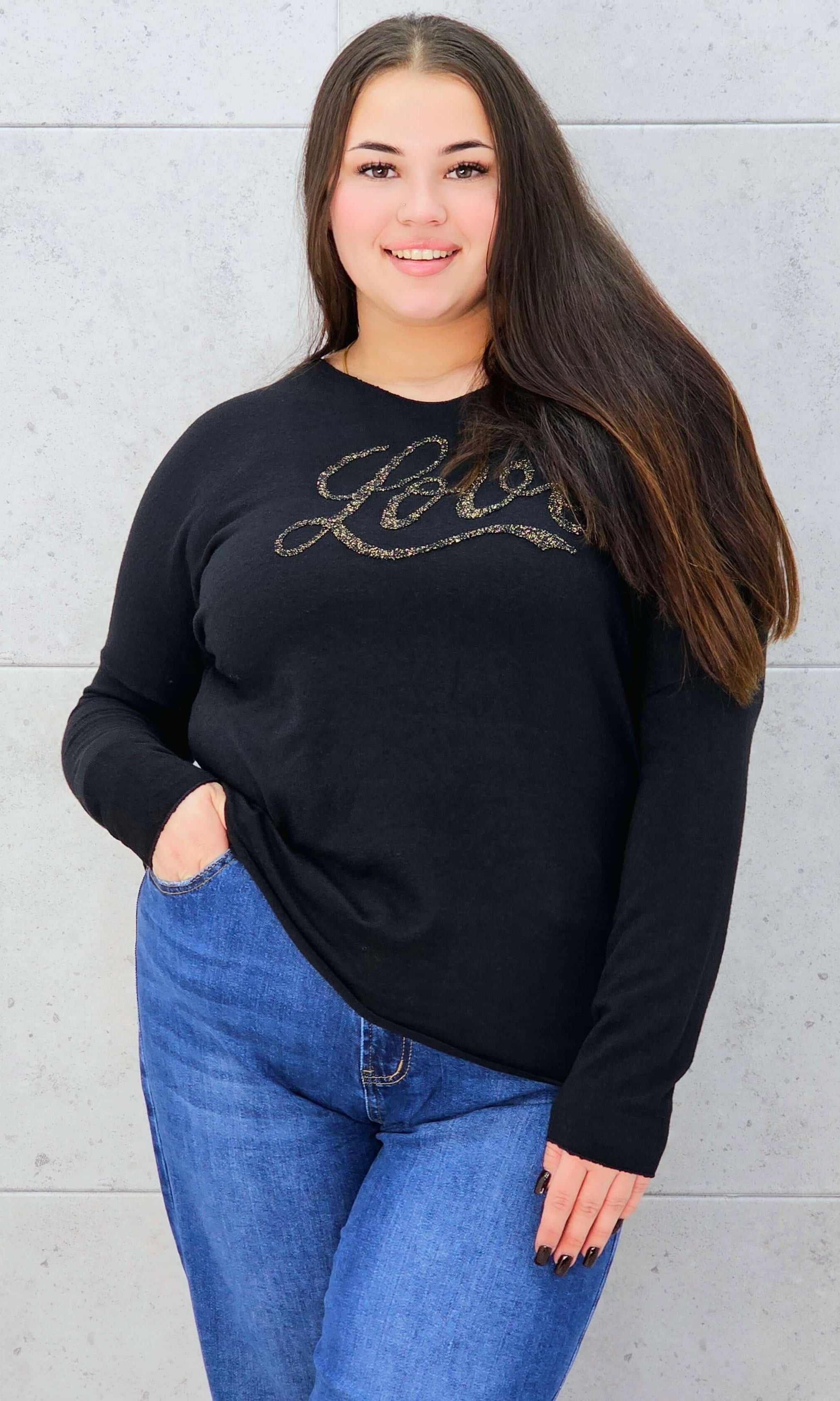 Sweter z Dekoltem w Serek i Napisem "Love" Stylowa XL