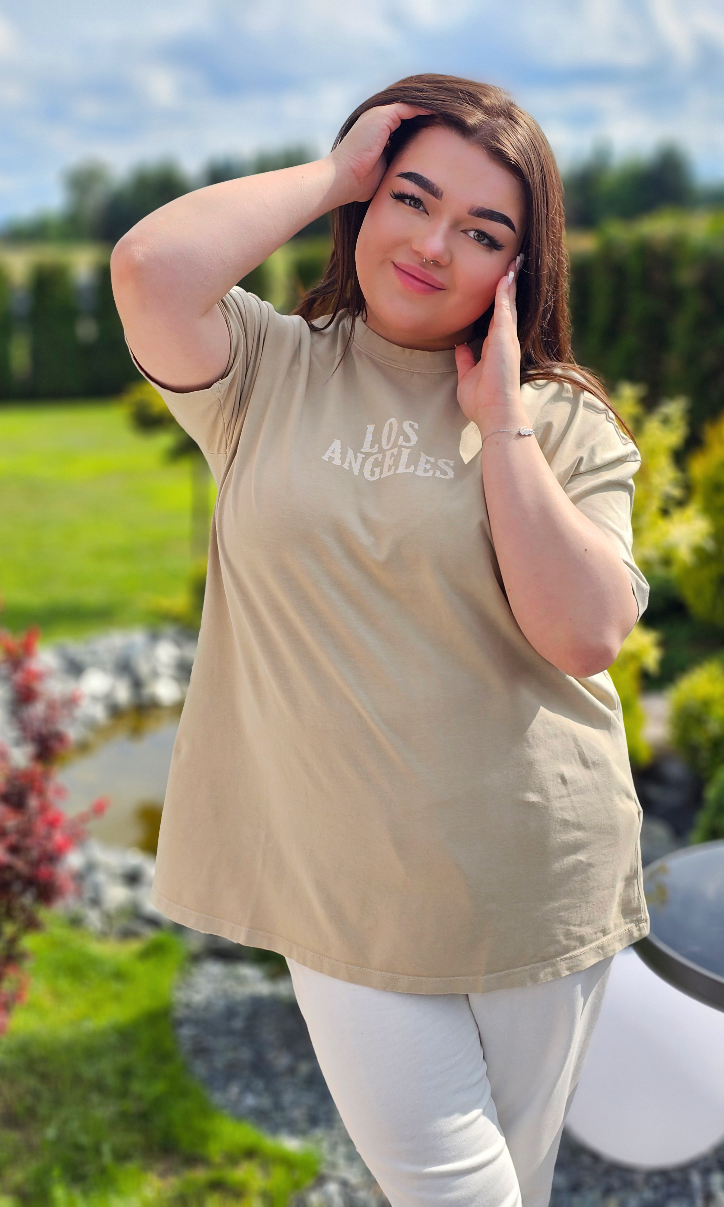 Beżowa koszulka z grafiką „Los Angeles” Stylowa XL