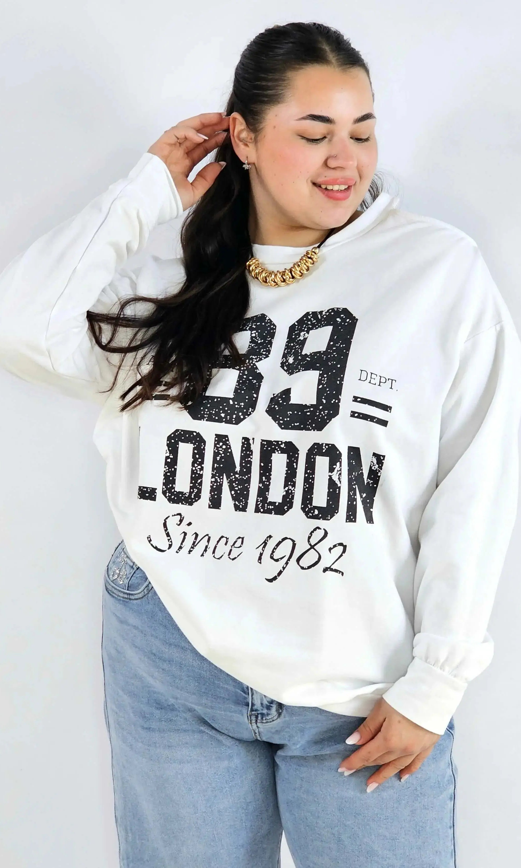 Bluza plus size biała 89 London – damska bluza XXL z nadrukiem Stylowa XL