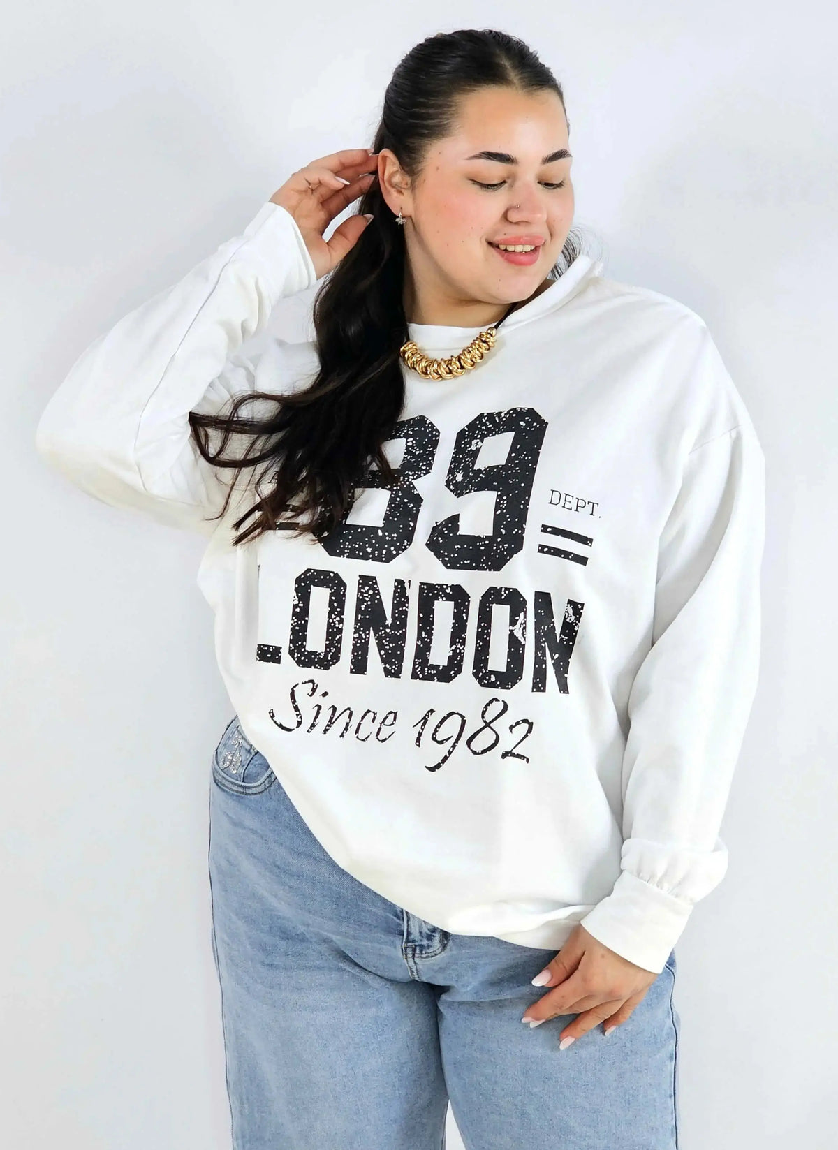 Bluza plus size biała 89 London – damska bluza XXL z nadrukiem Stylowa XL
