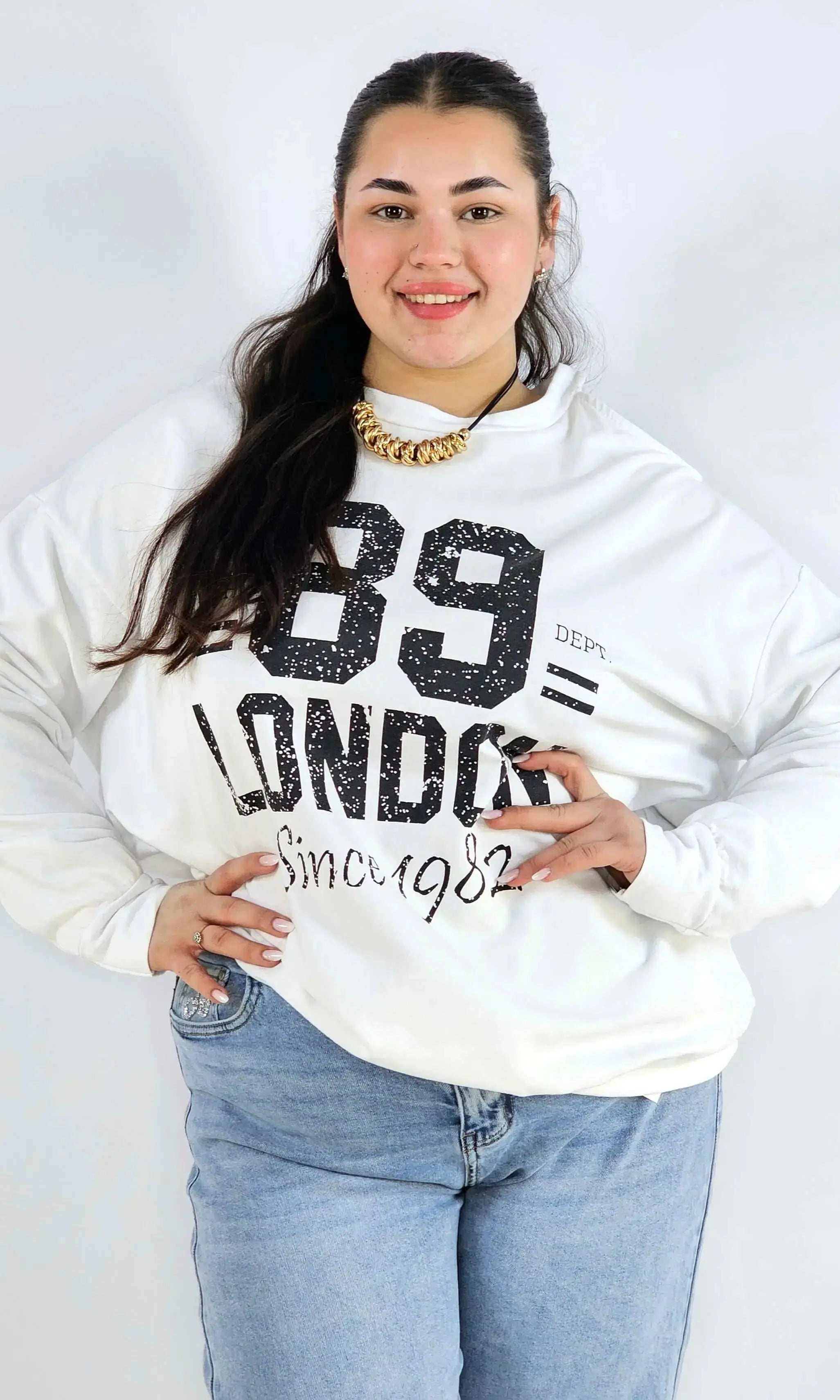 Bluza plus size biała 89 London – damska bluza XXL z nadrukiem Stylowa XL