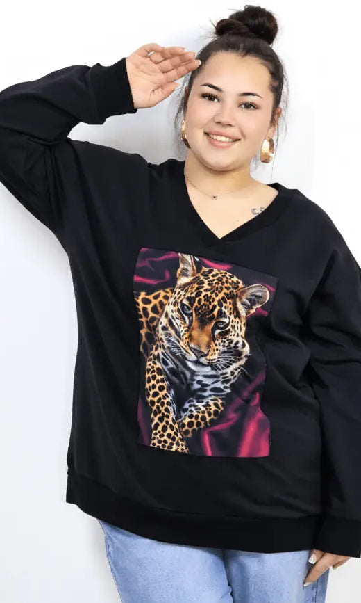 Bluza plus size dresowa z dekoltem V i nadrukiem pantery Stylowa XL