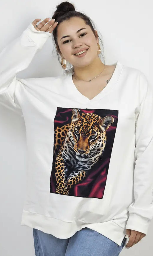 Bluza plus size dresowa z dekoltem V i nadrukiem pantery Stylowa XL