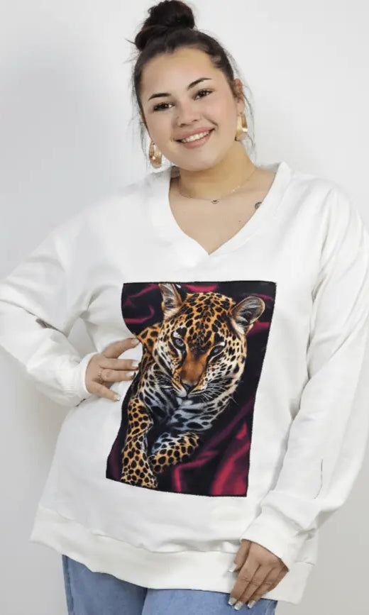 Bluza plus size dresowa z dekoltem V i nadrukiem pantery Stylowa XL