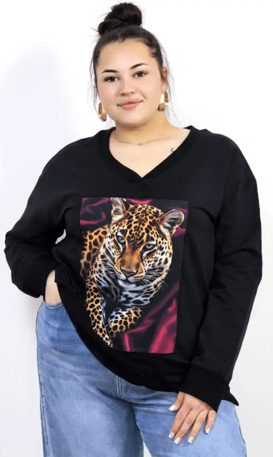 Bluza plus size dresowa z dekoltem V i nadrukiem pantery Stylowa XL