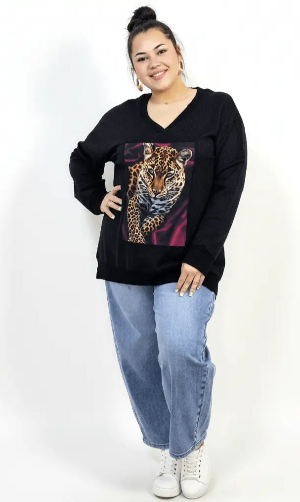 Bluza plus size dresowa z dekoltem V i nadrukiem pantery Stylowa XL