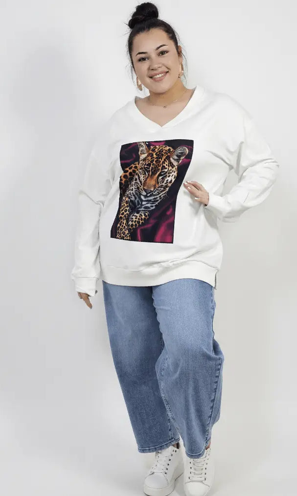 Bluza plus size dresowa z dekoltem V i nadrukiem pantery Stylowa XL