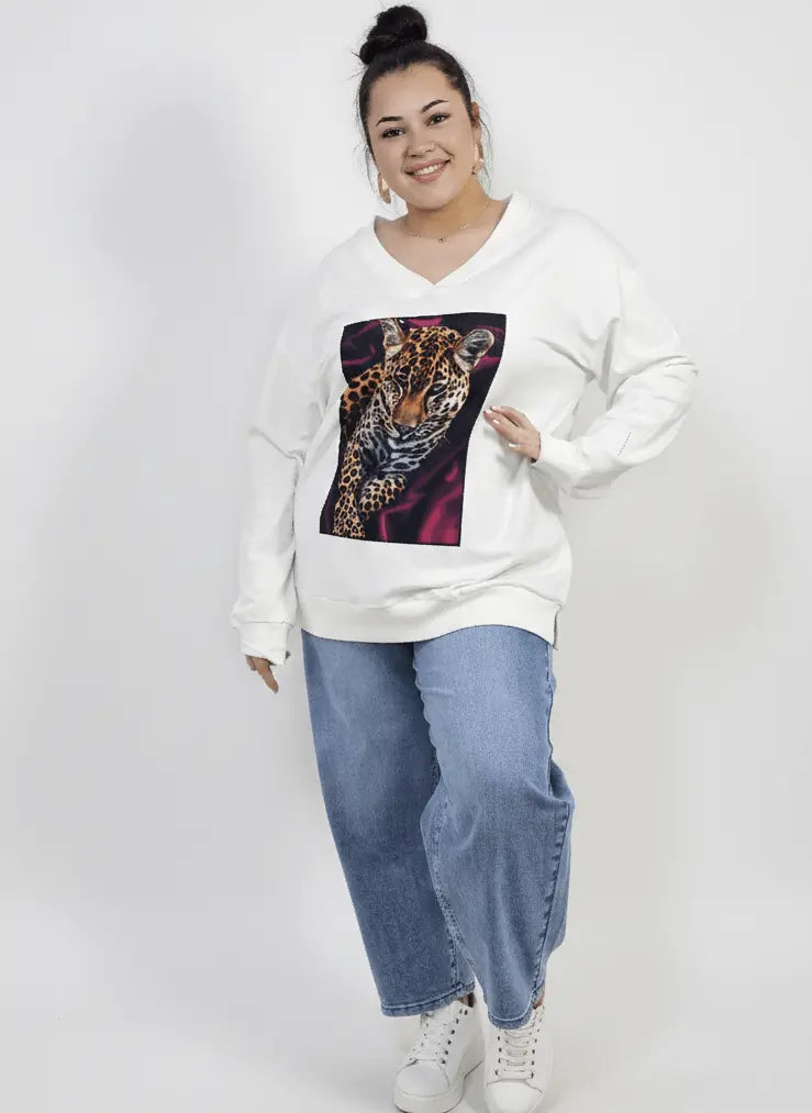 Bluza plus size dresowa z dekoltem V i nadrukiem pantery Stylowa XL
