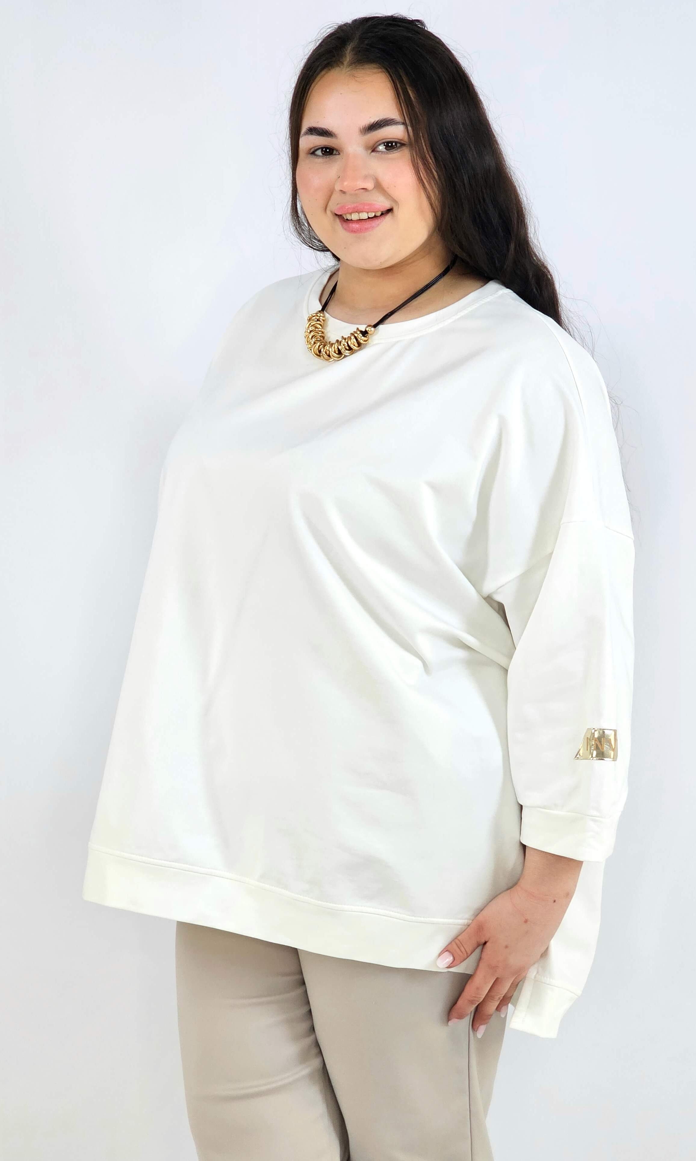 Bluza plus size oversize – kremowa bluza XXL z przedłużanym tyłem Stylowa XL