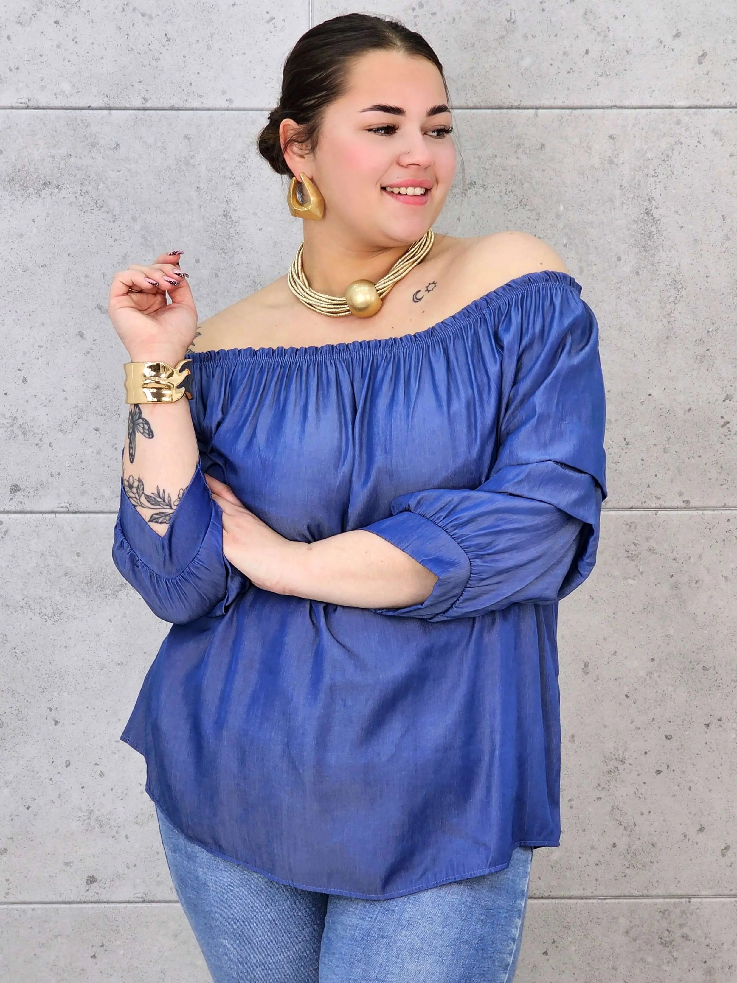 Bluzka Jeansowa Hiszpanka Plus Size – Luźny Krój, Rękaw 3/4, Wygoda XXL Stylowa XL