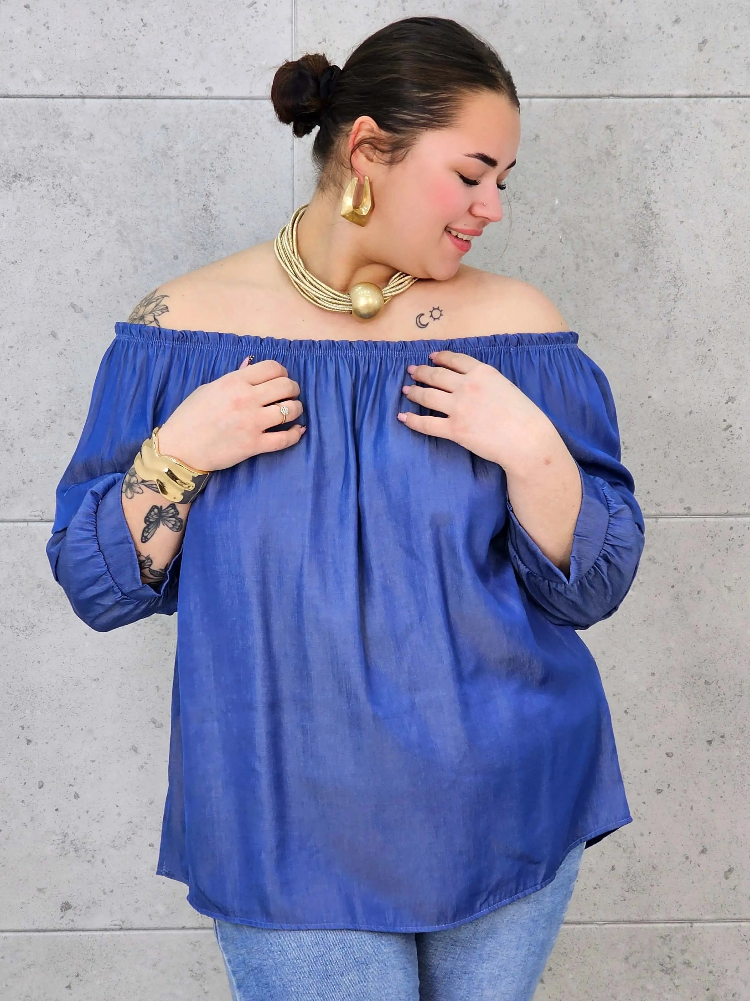 Bluzka Jeansowa Hiszpanka Plus Size – Luźny Krój, Rękaw 3/4, Wygoda XXL Stylowa XL