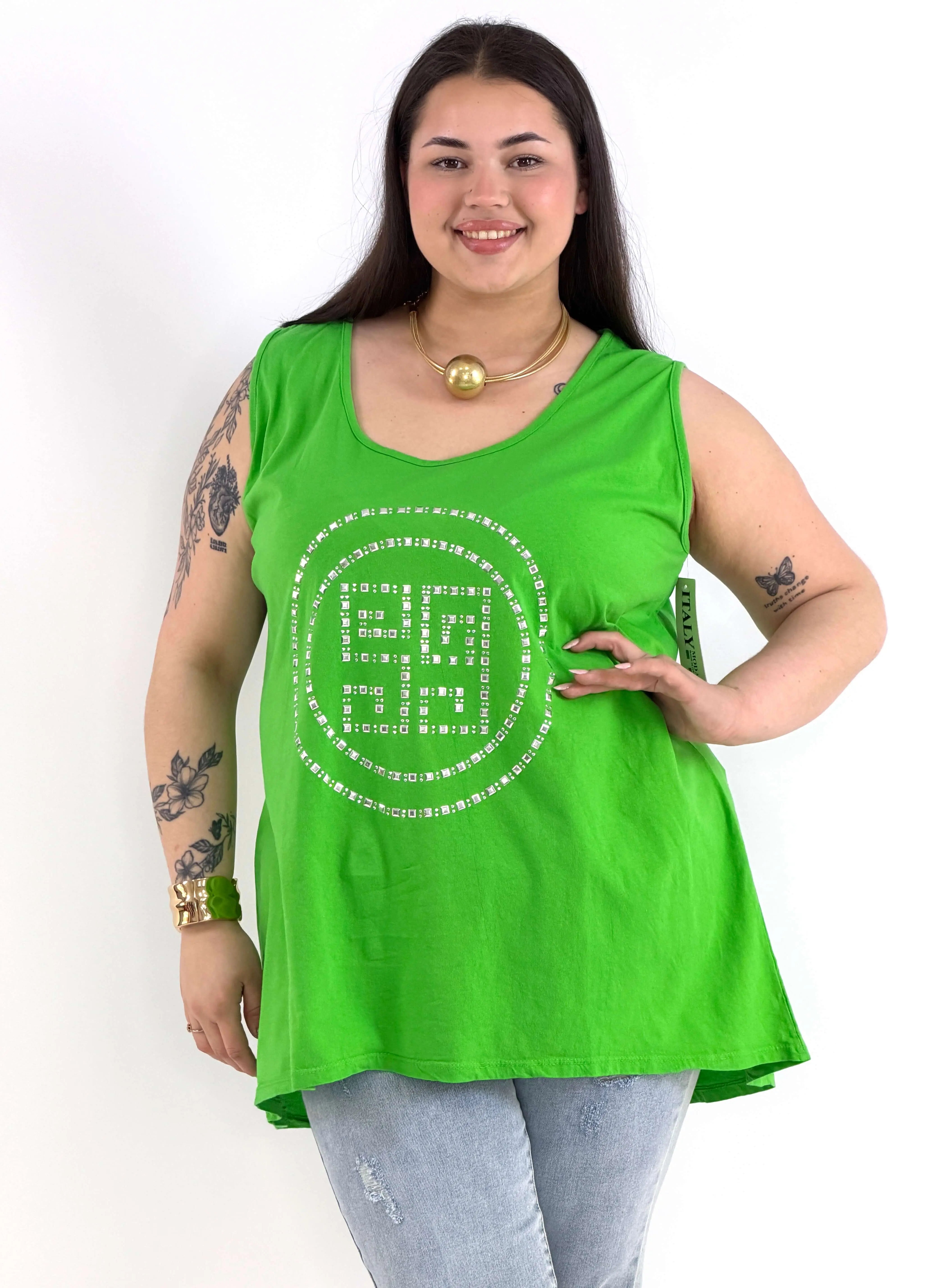 Bluzka Plus Size Na Ramiączkach Zielona Z Ozdobnym Wzorem XXL Stylowa XL