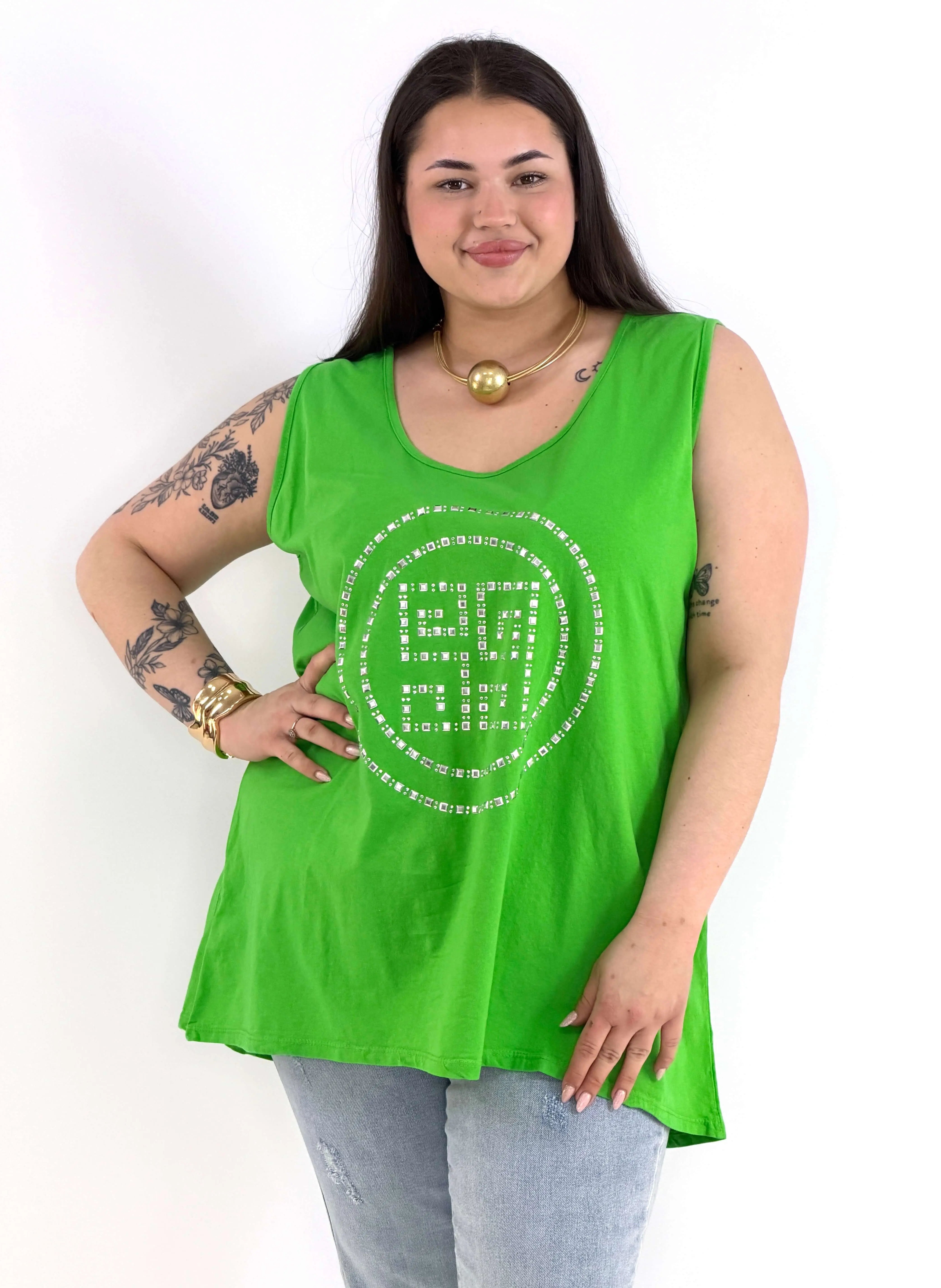 Bluzka Plus Size Na Ramiączkach Zielona Z Ozdobnym Wzorem XXL Stylowa XL