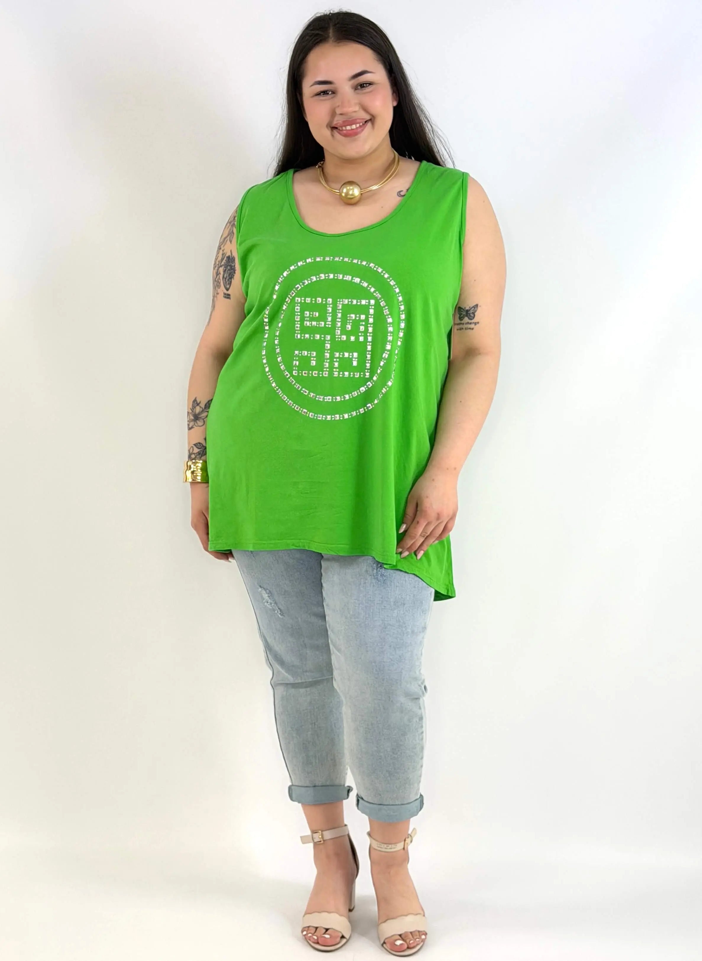 Bluzka Plus Size Na Ramiączkach Zielona Z Ozdobnym Wzorem XXL Stylowa XL