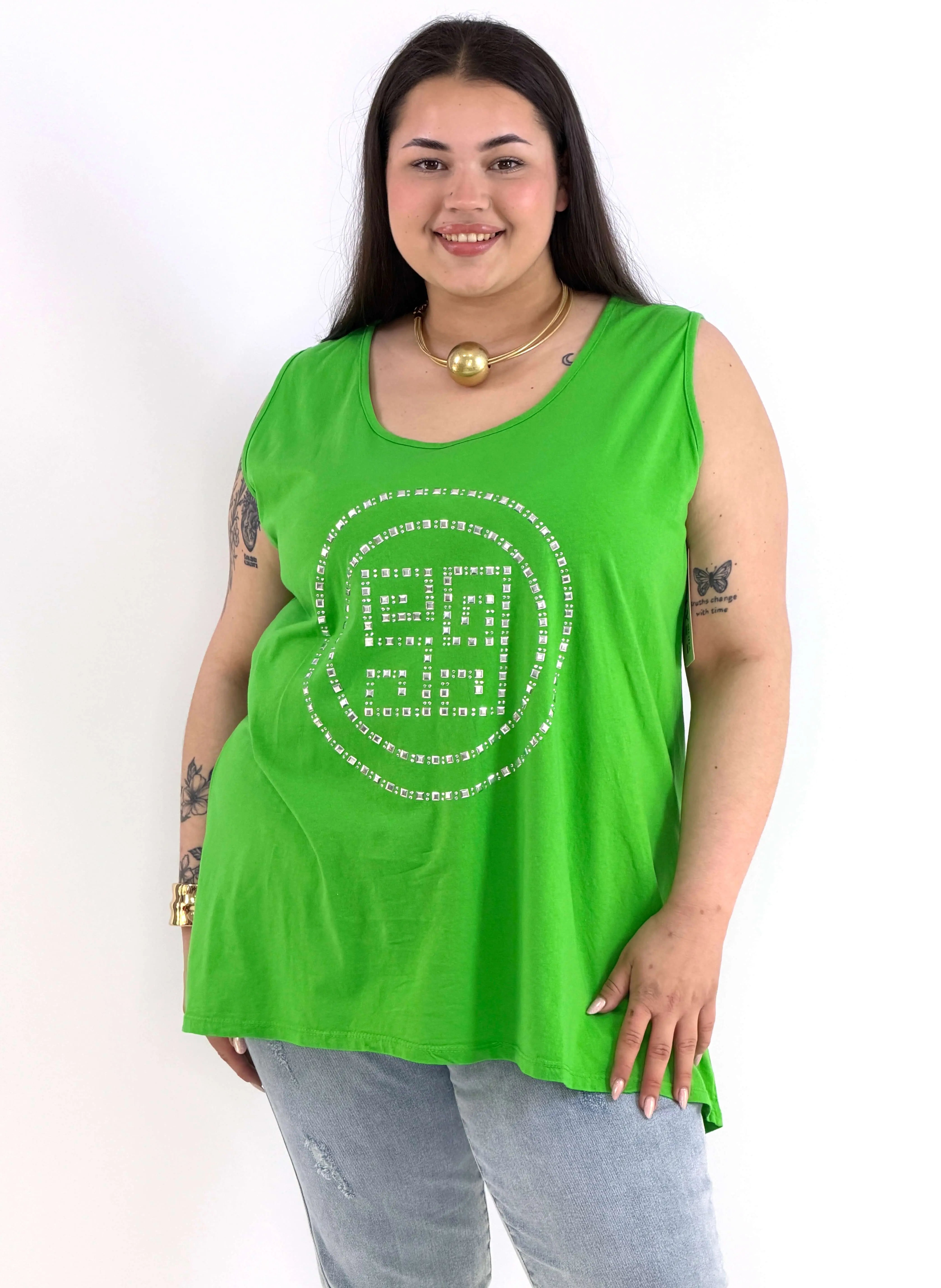 Bluzka Plus Size Na Ramiączkach Zielona Z Ozdobnym Wzorem XXL Stylowa XL