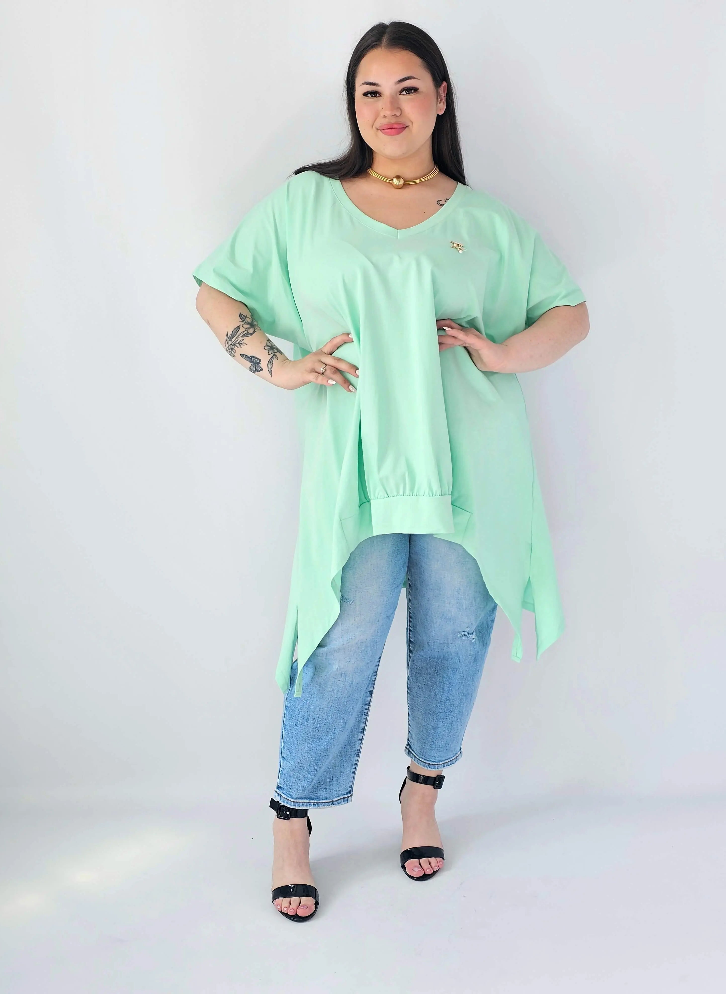 Bluzka Plus Size Oversize Z Dekoltem V I Asymetrycznym Dołem Stylowa XL