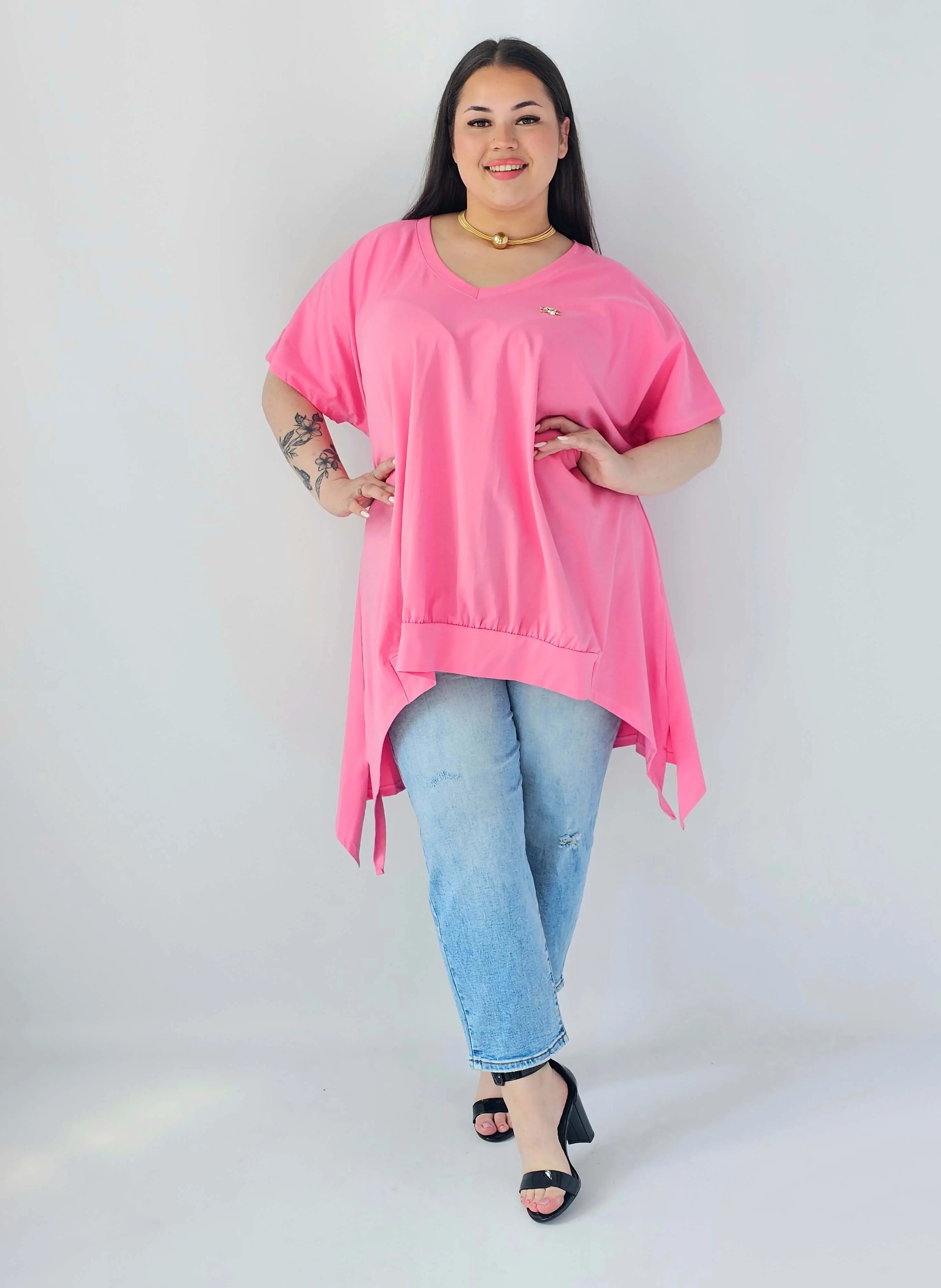 Bluzka Plus Size Oversize Z Dekoltem V I Asymetrycznym Dołem Stylowa XL