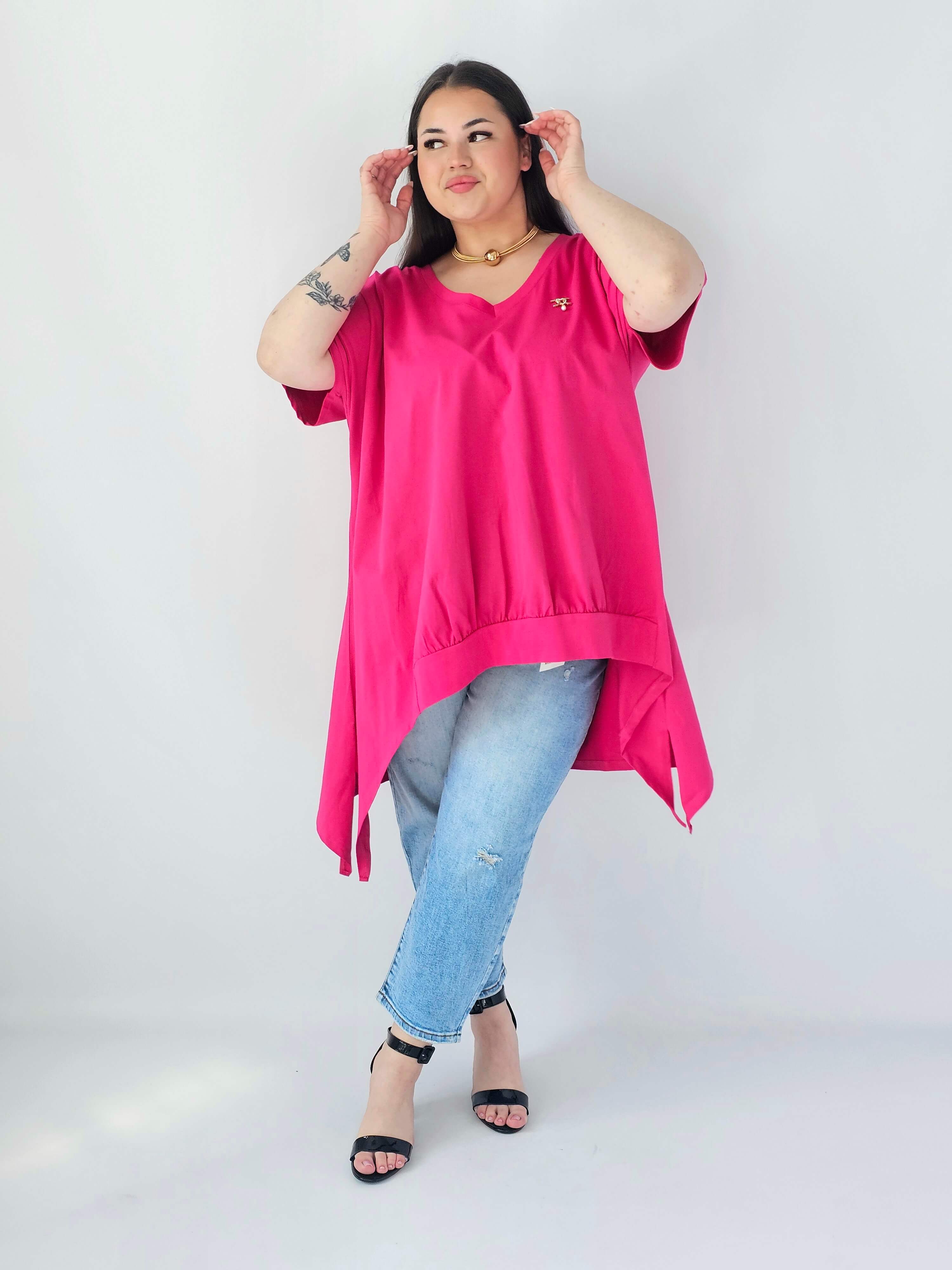 Bluzka Plus Size Oversize Z Dekoltem V I Asymetrycznym Dołem Stylowa XL