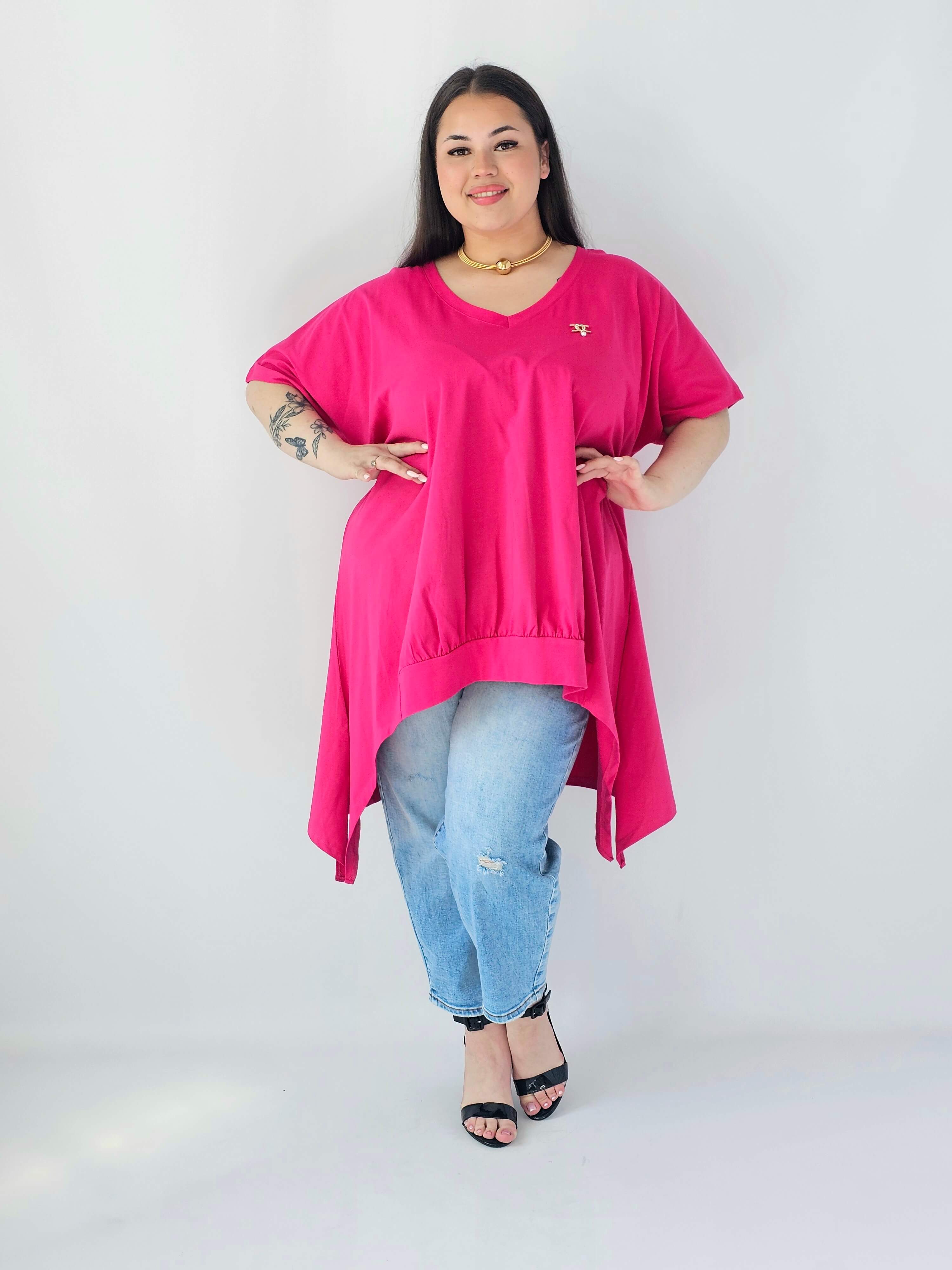 Bluzka Plus Size Oversize Z Dekoltem V I Asymetrycznym Dołem Stylowa XL