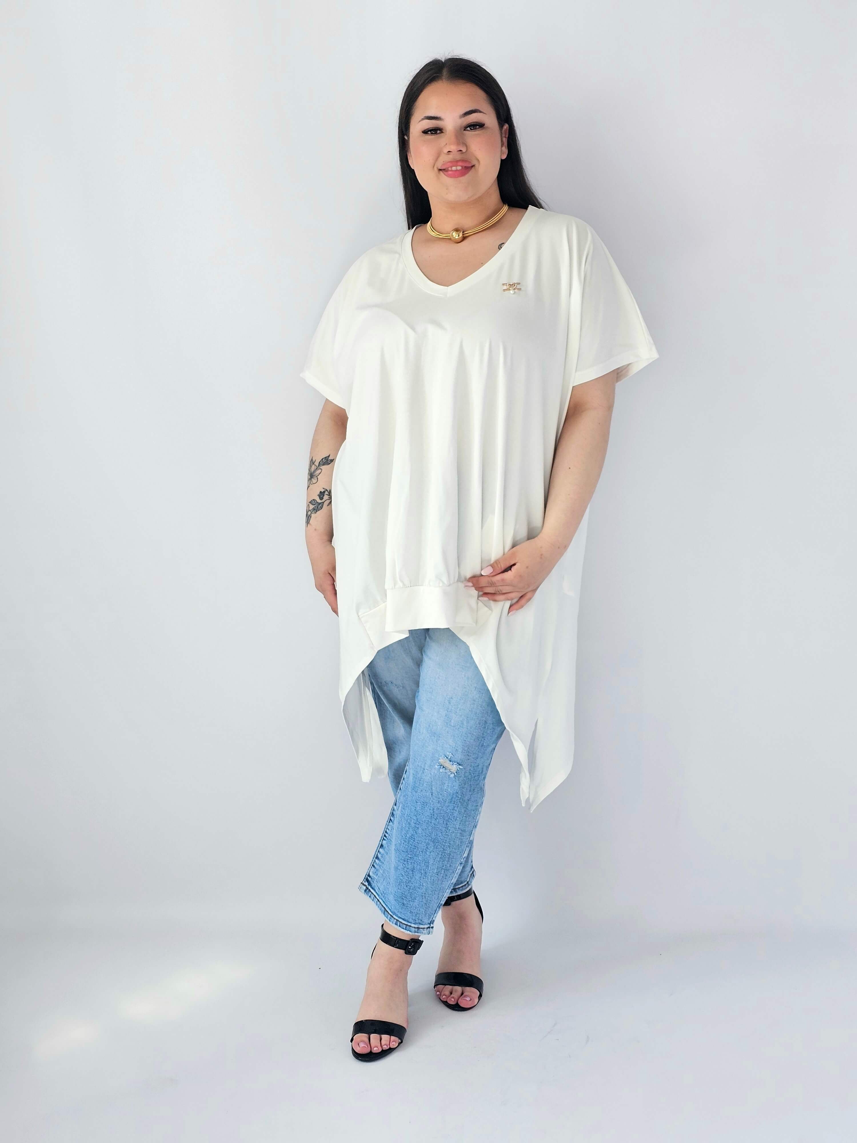 Bluzka Plus Size Oversize Z Dekoltem V I Asymetrycznym Dołem Stylowa XL