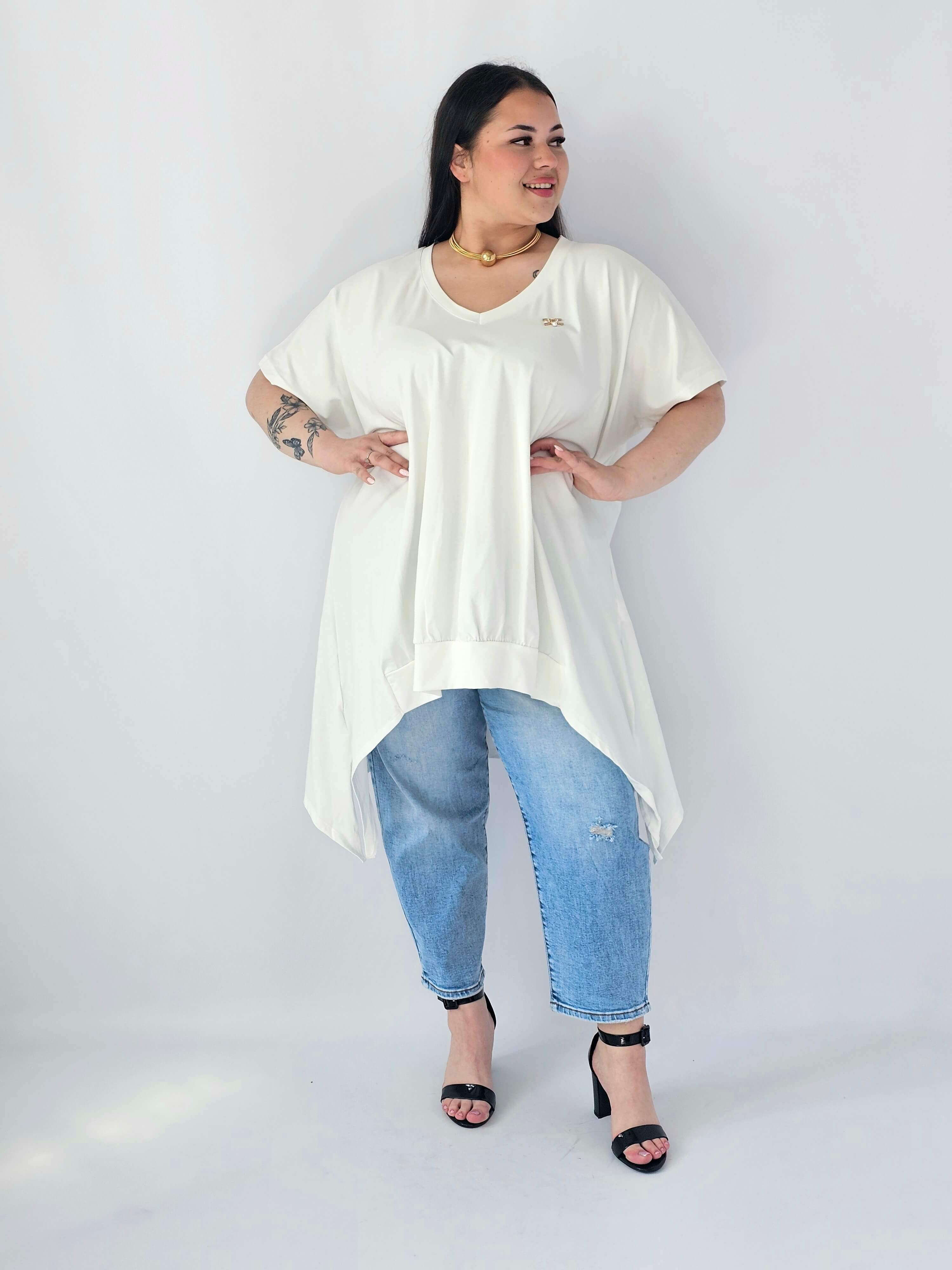 Bluzka Plus Size Oversize Z Dekoltem V I Asymetrycznym Dołem Stylowa XL