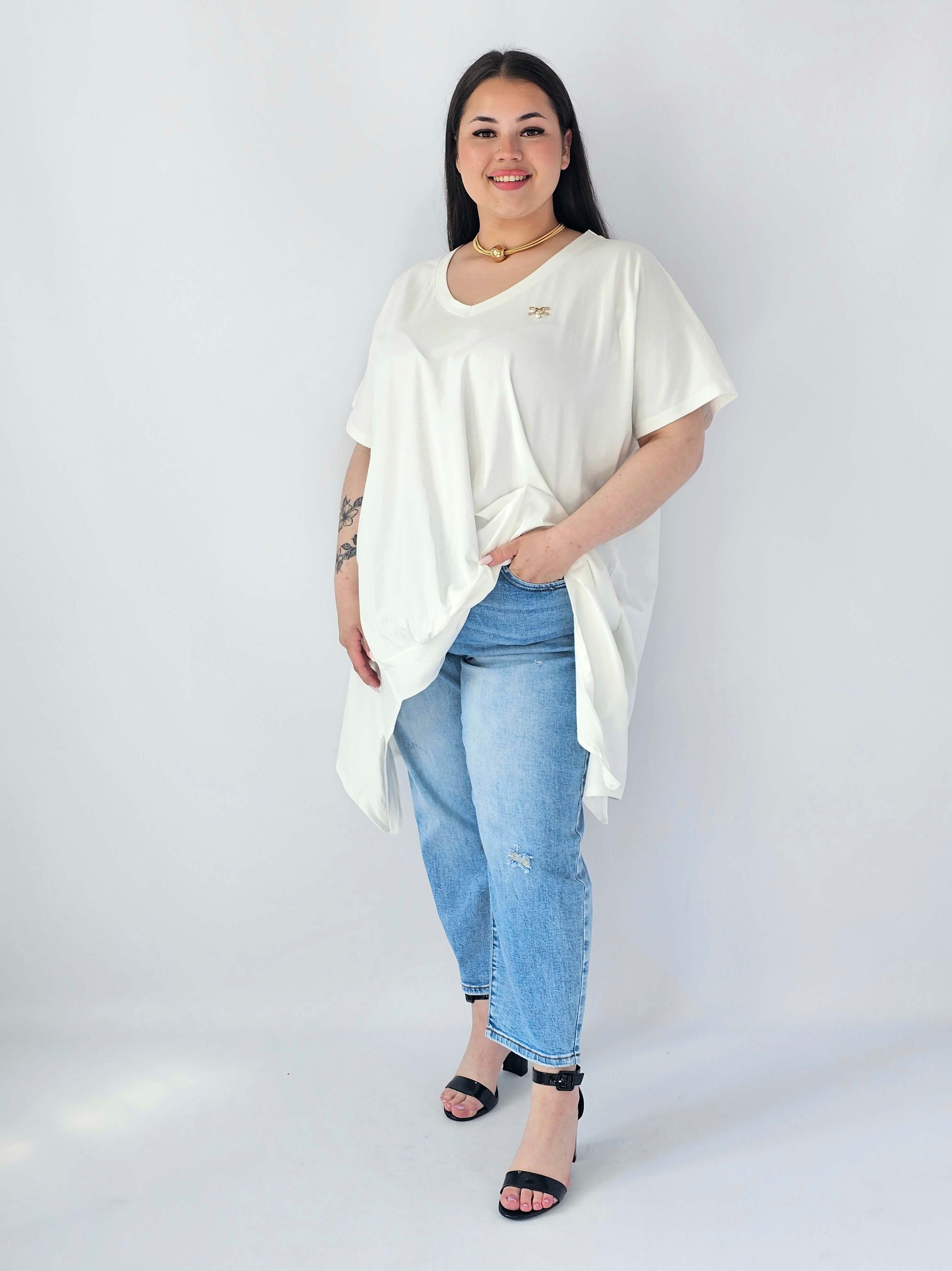 Bluzka Plus Size Oversize Z Dekoltem V I Asymetrycznym Dołem Stylowa XL