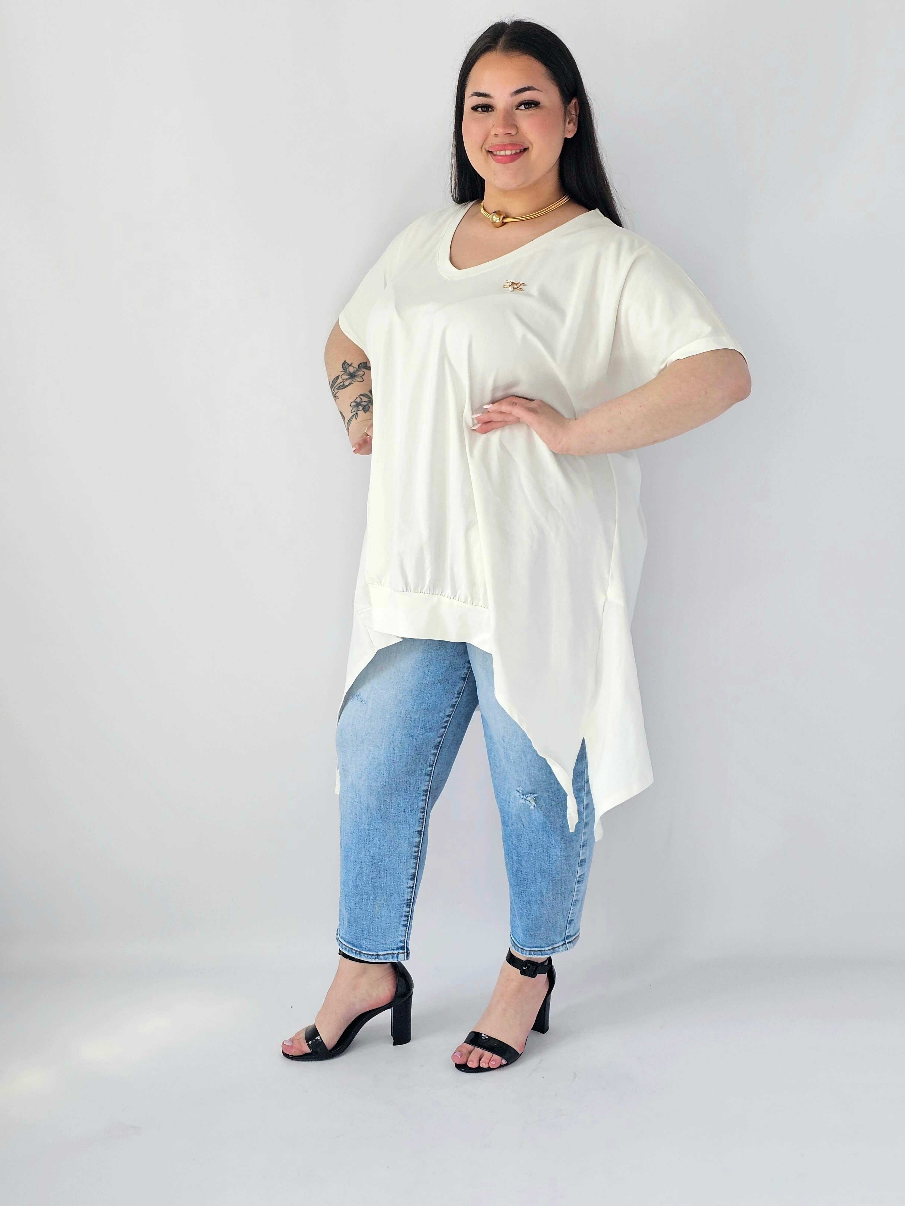 Bluzka Plus Size Oversize Z Dekoltem V I Asymetrycznym Dołem Stylowa XL