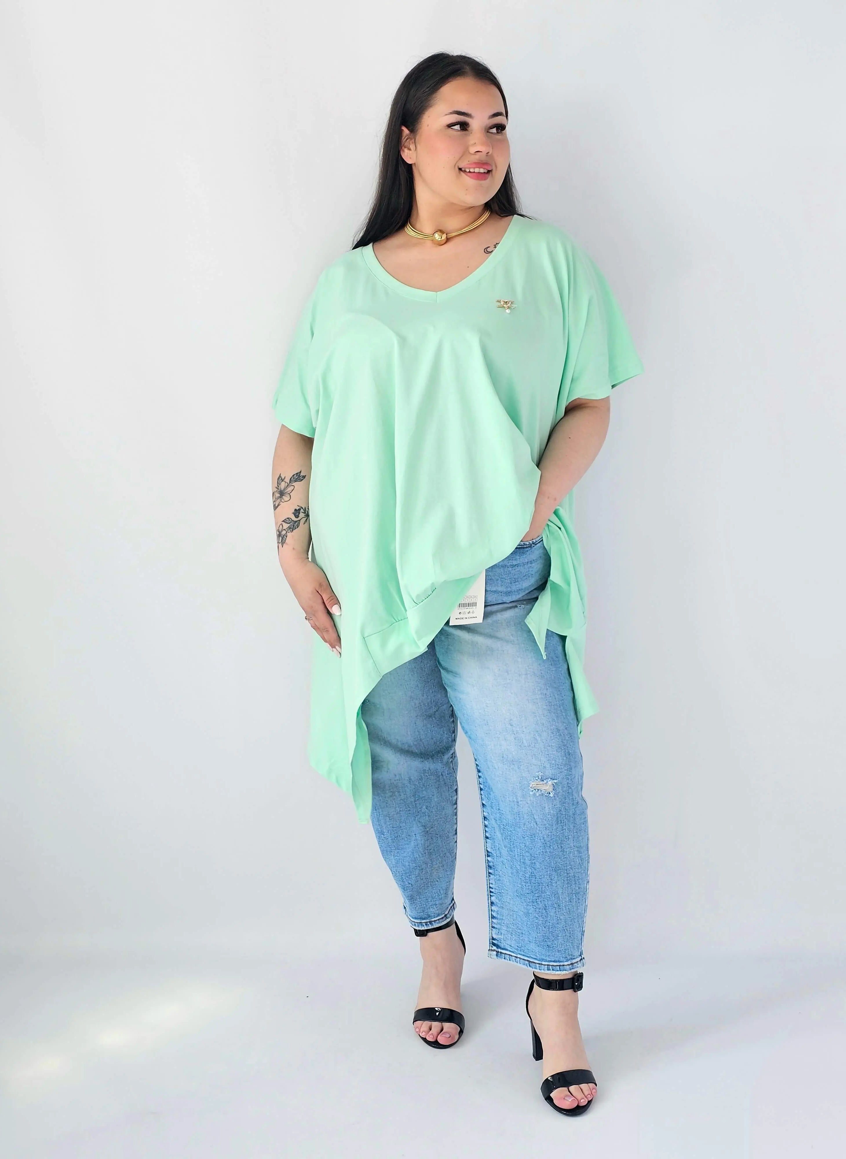 Bluzka Plus Size Oversize Z Dekoltem V I Asymetrycznym Dołem Stylowa XL