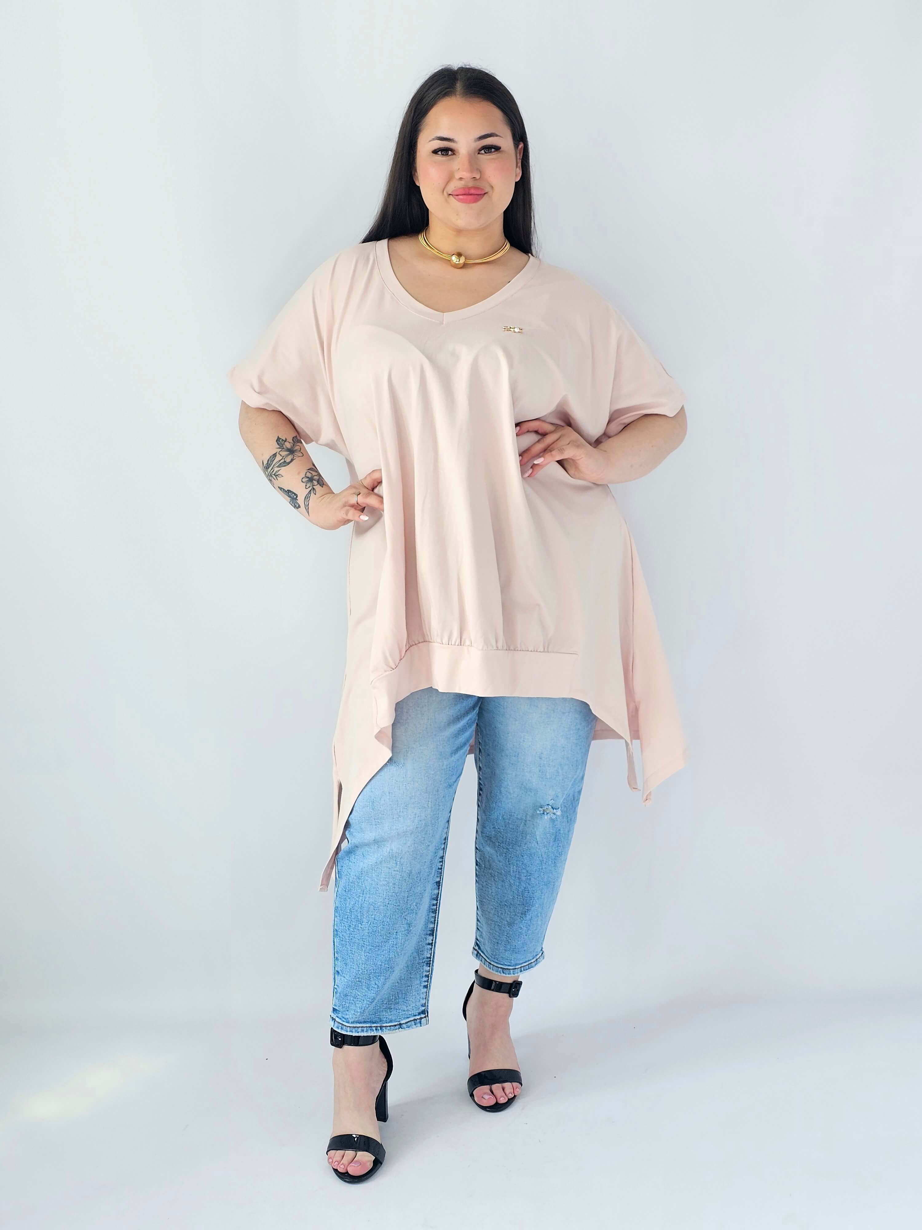 Bluzka Plus Size Oversize Z Dekoltem V I Asymetrycznym Dołem Stylowa XL