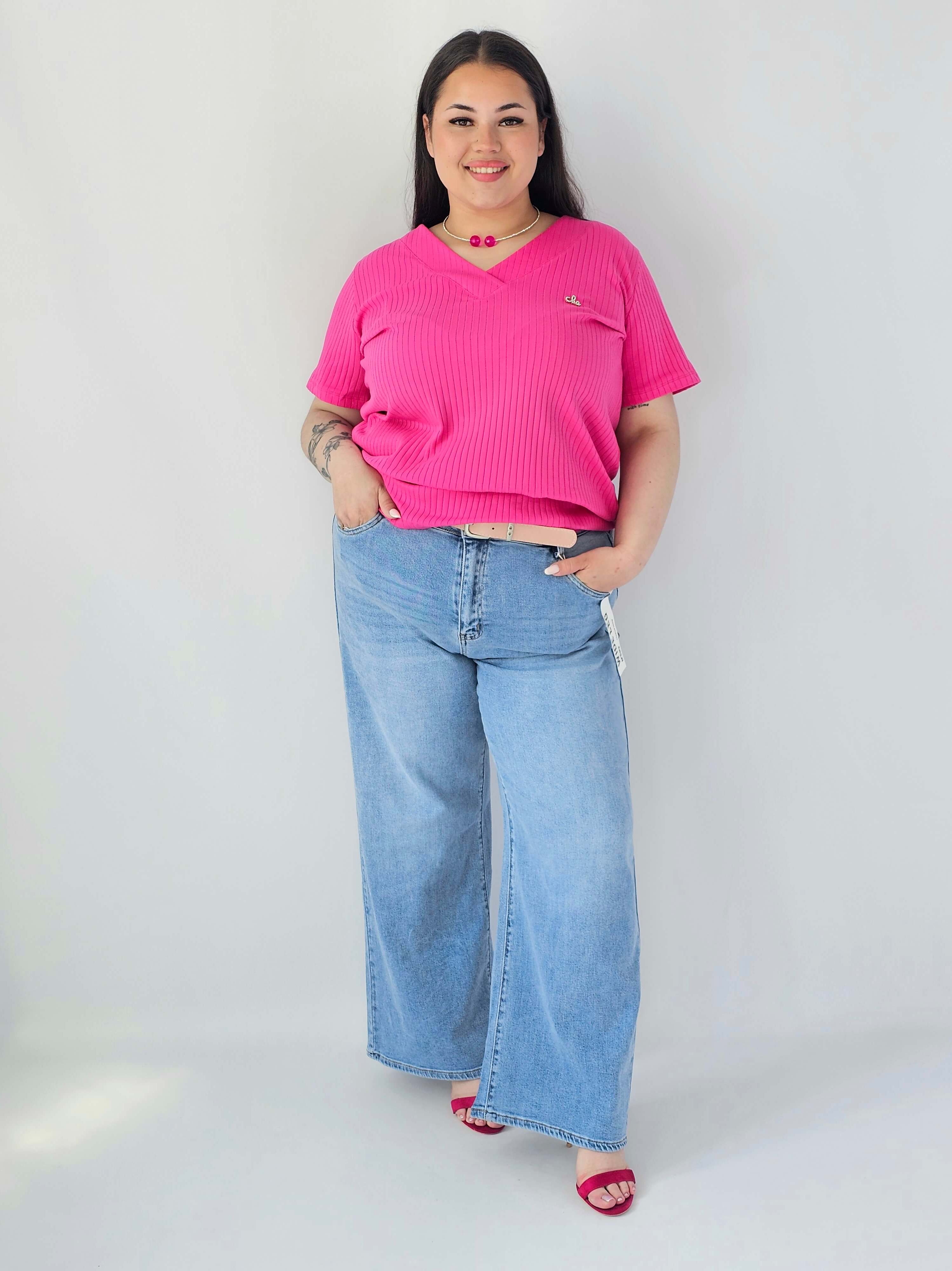 Bluzka Plus Size Prążkowana Z Dekoltem V I Krótkim Rękawem Stylowa XL