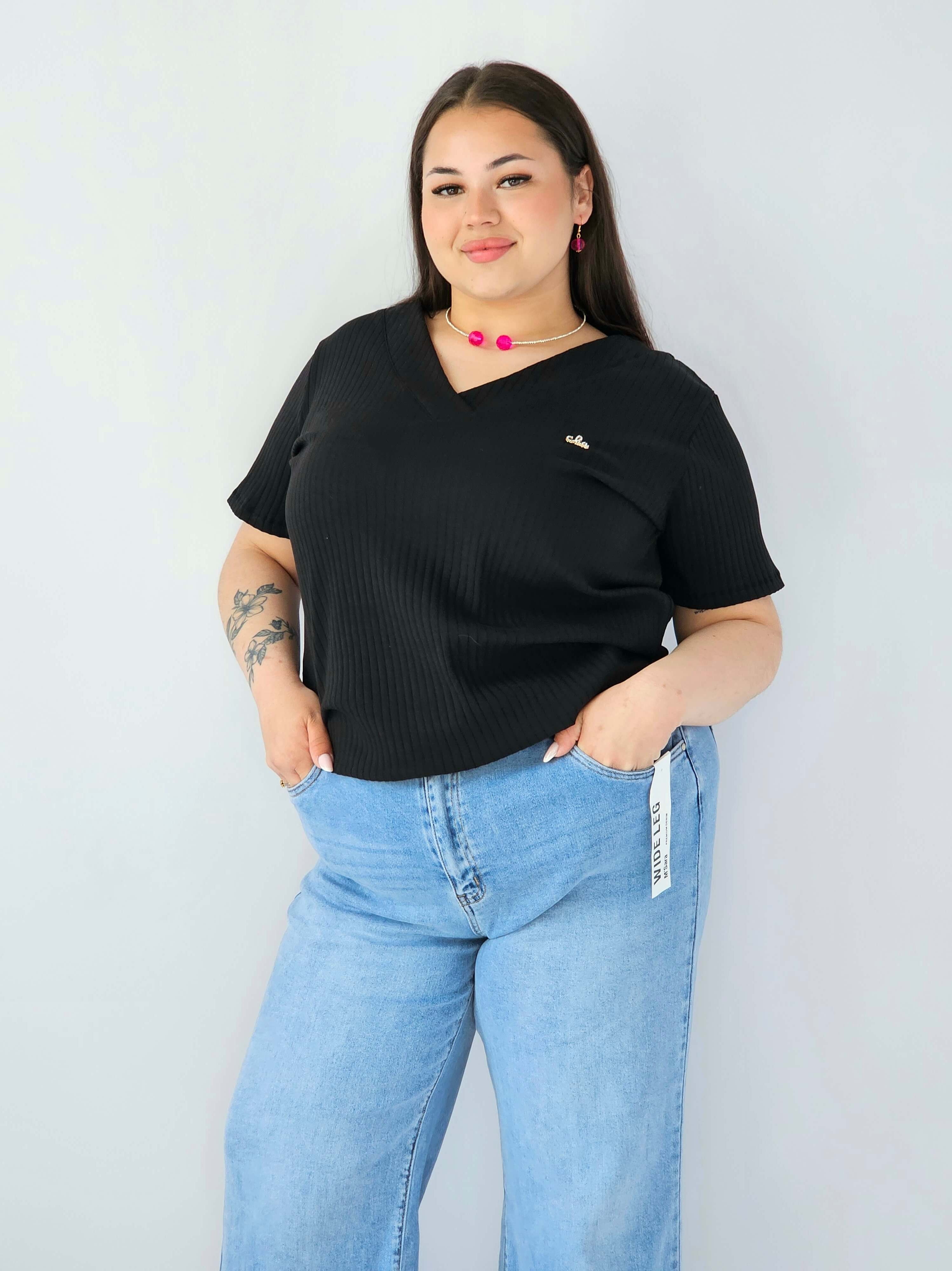 Bluzka Plus Size Prążkowana Z Dekoltem V I Krótkim Rękawem Stylowa XL