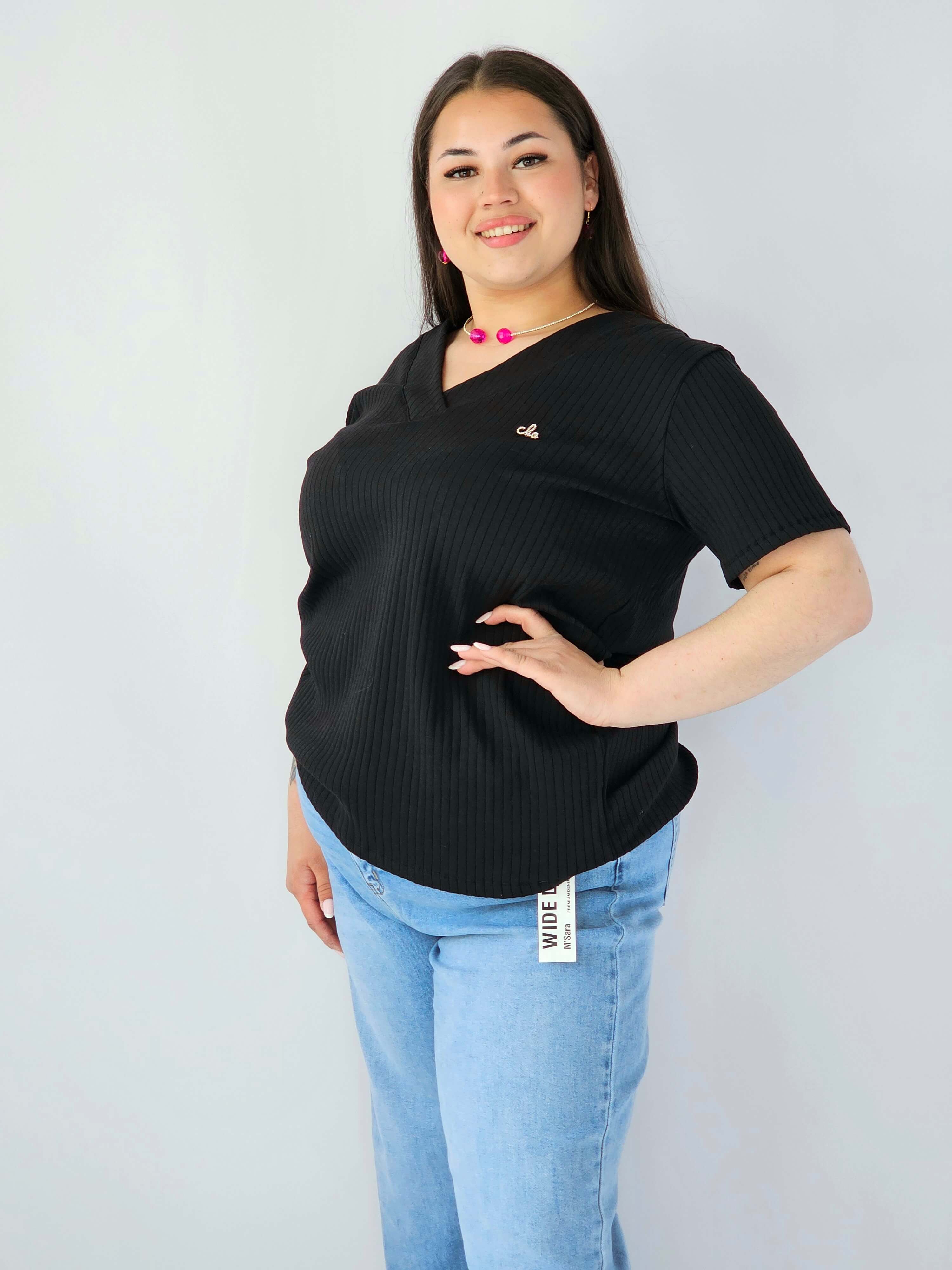 Bluzka Plus Size Prążkowana Z Dekoltem V I Krótkim Rękawem Stylowa XL
