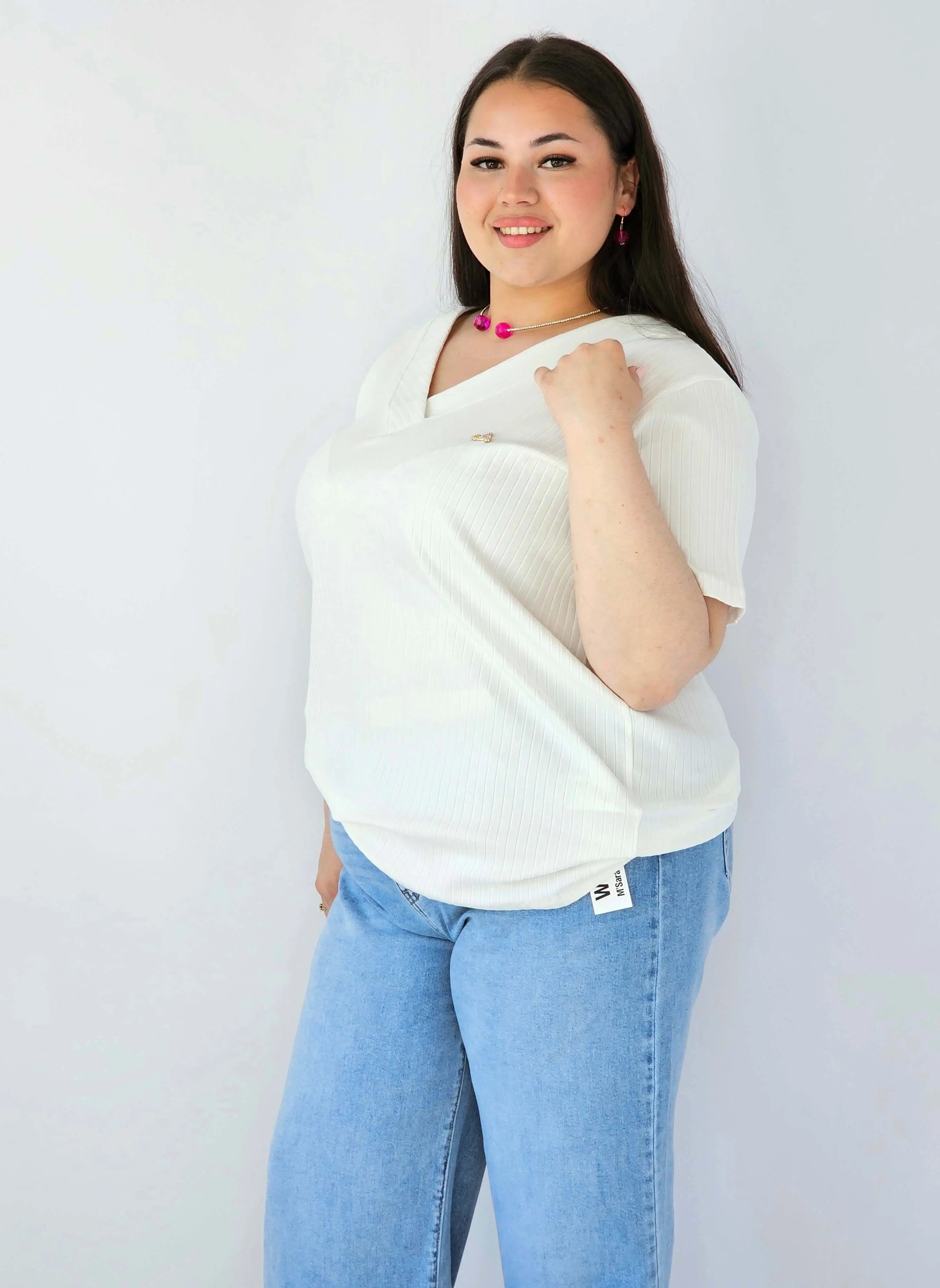 Bluzka Plus Size Prążkowana Z Dekoltem V I Krótkim Rękawem Stylowa XL