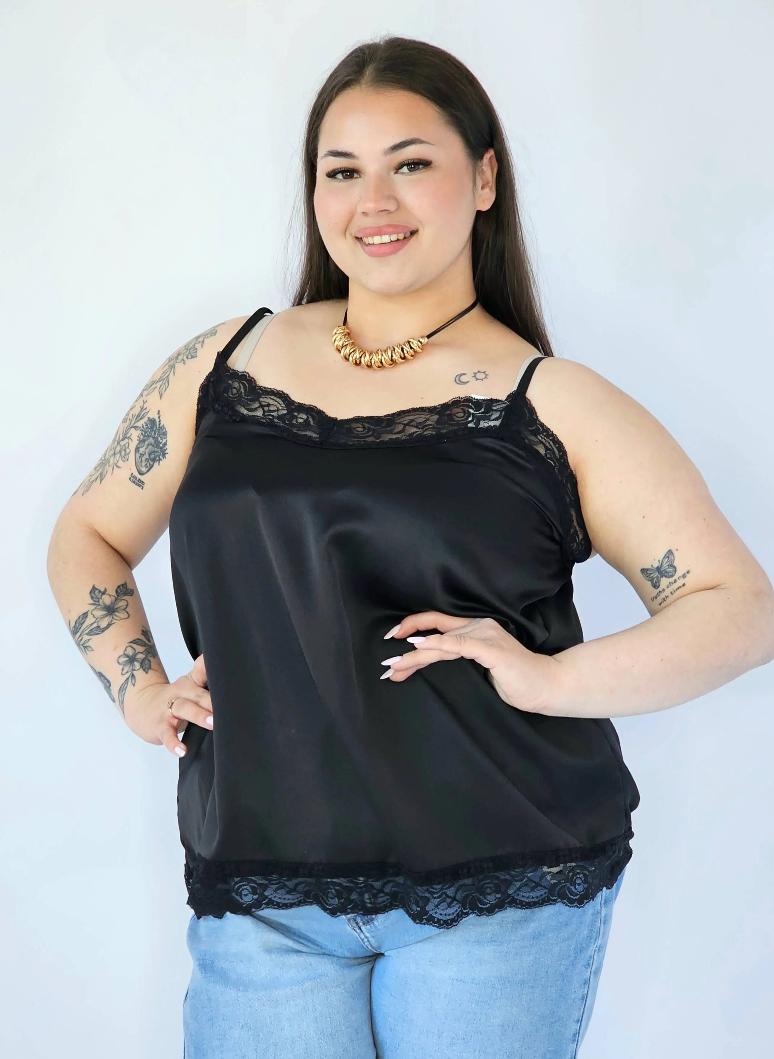 Bluzka Plus Size Satynowa Na Ramiączkach Z Koronką Elegancka XXL Stylowa XL
