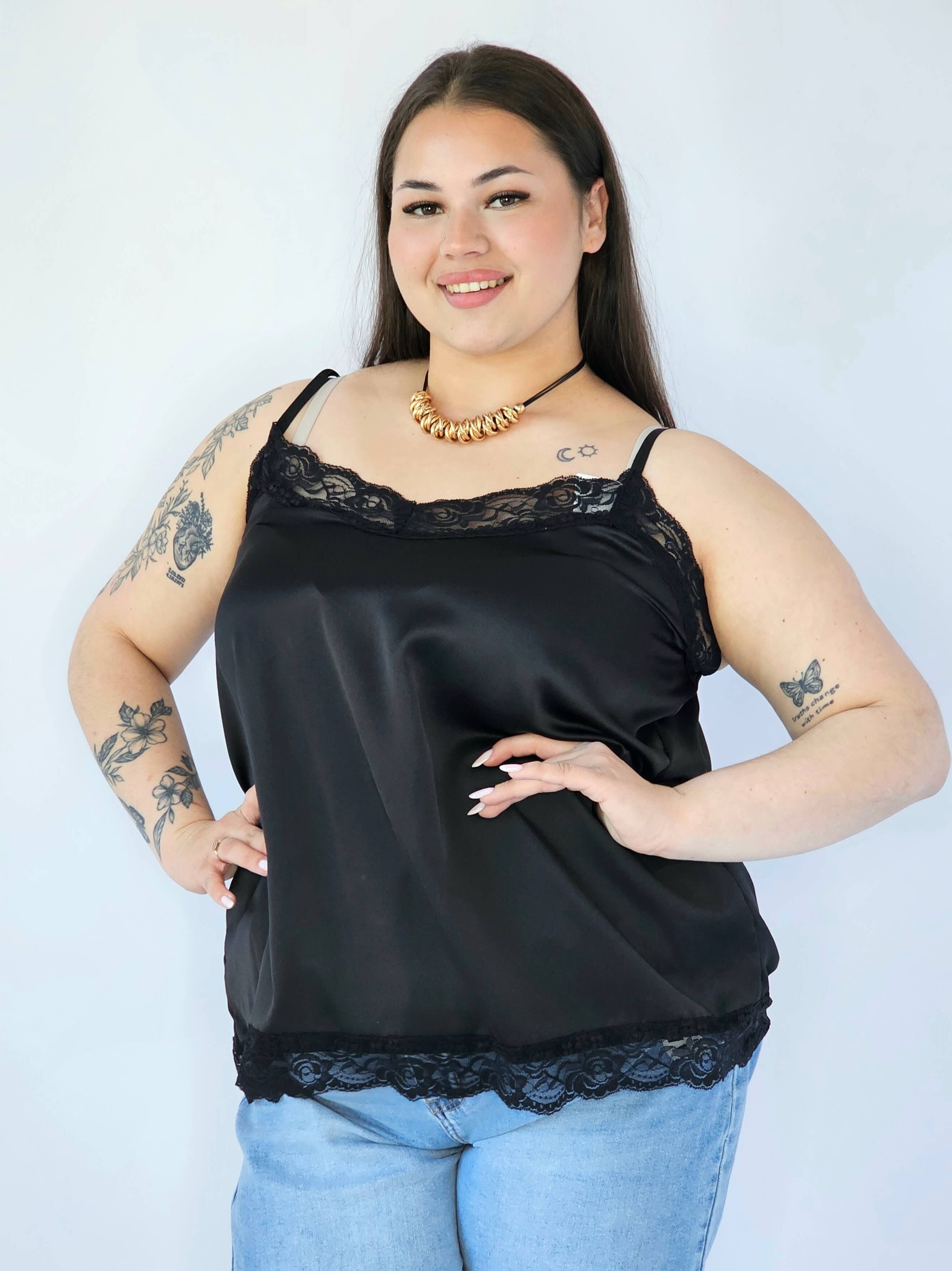 Bluzka Plus Size Satynowa Na Ramiączkach Z Koronką Elegancka XXL Stylowa XL