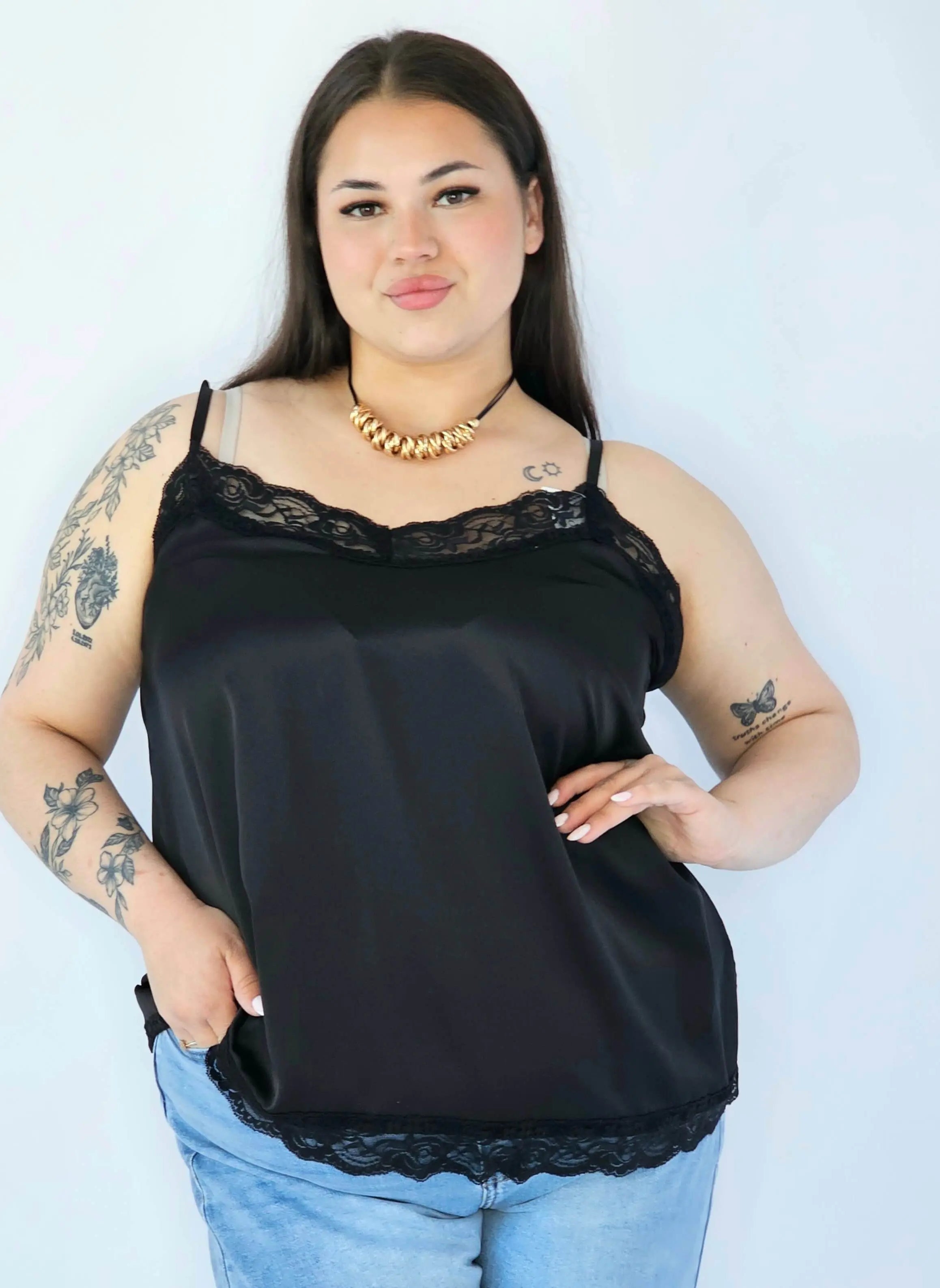 Bluzka Plus Size Satynowa Na Ramiączkach Z Koronką Elegancka XXL Stylowa XL