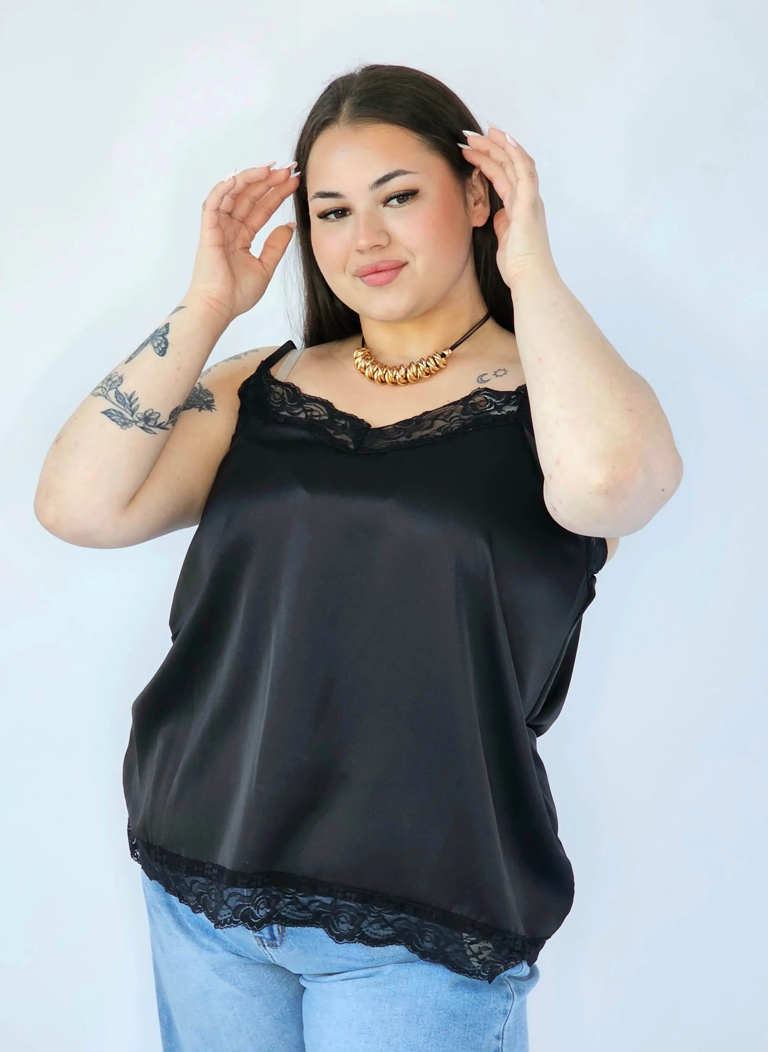 Bluzka Plus Size Satynowa Na Ramiączkach Z Koronką Elegancka XXL Stylowa XL