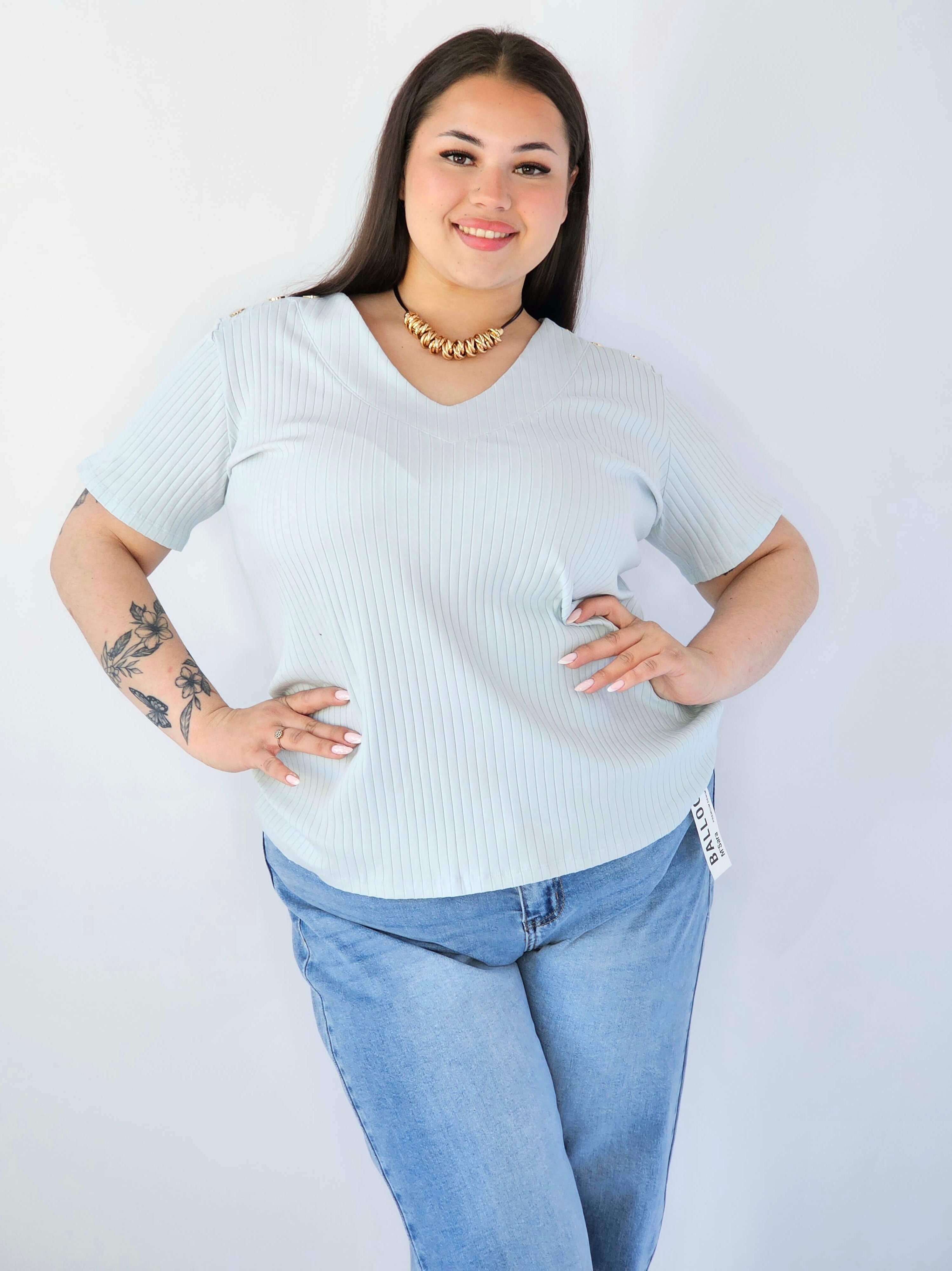 Bluzka Plus Size Z Dekoltem V I Ozdobnymi Detalami Na Ramionach Stylowa XL