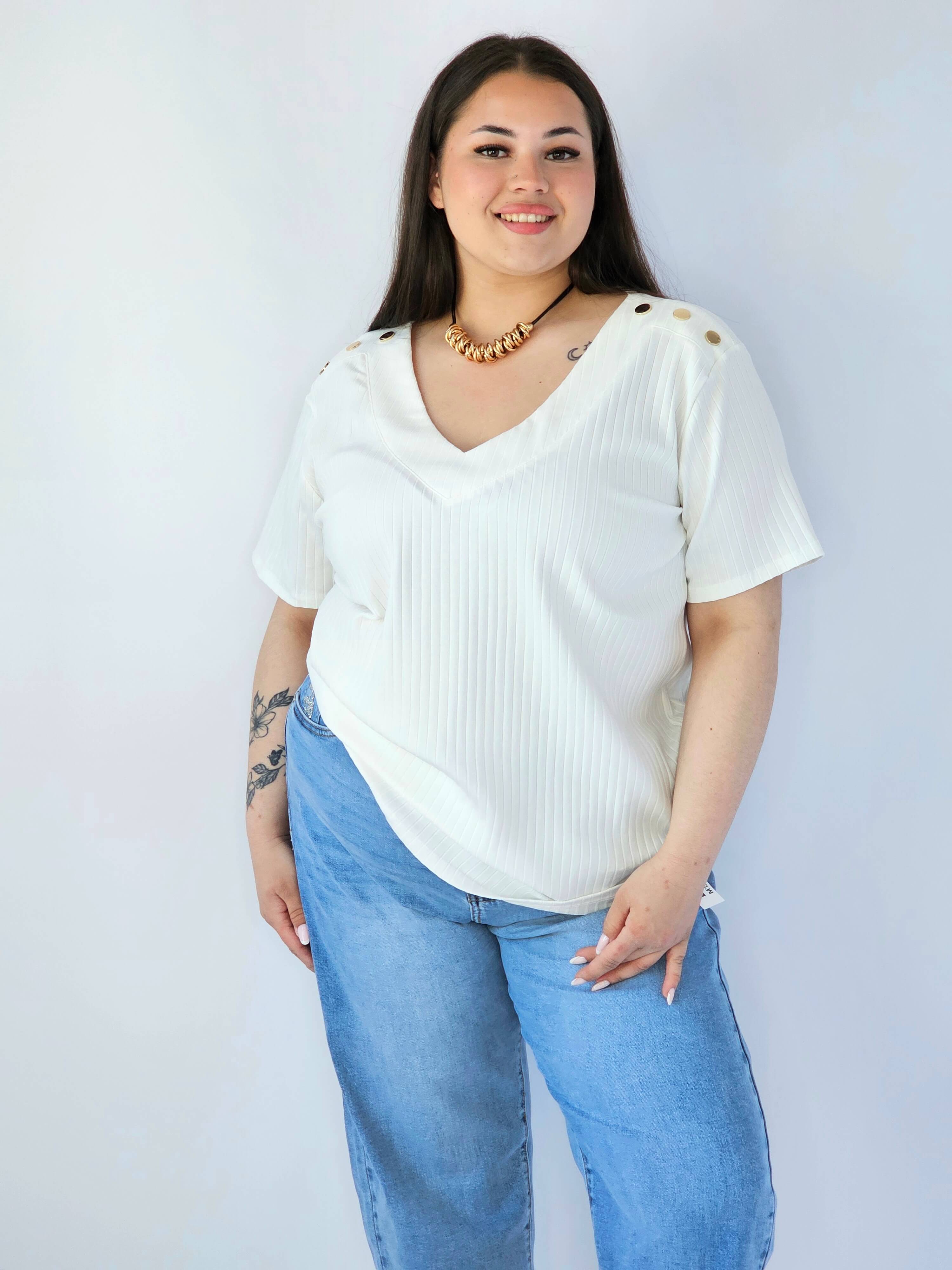 Bluzka Plus Size Z Dekoltem V I Ozdobnymi Detalami Na Ramionach Stylowa XL