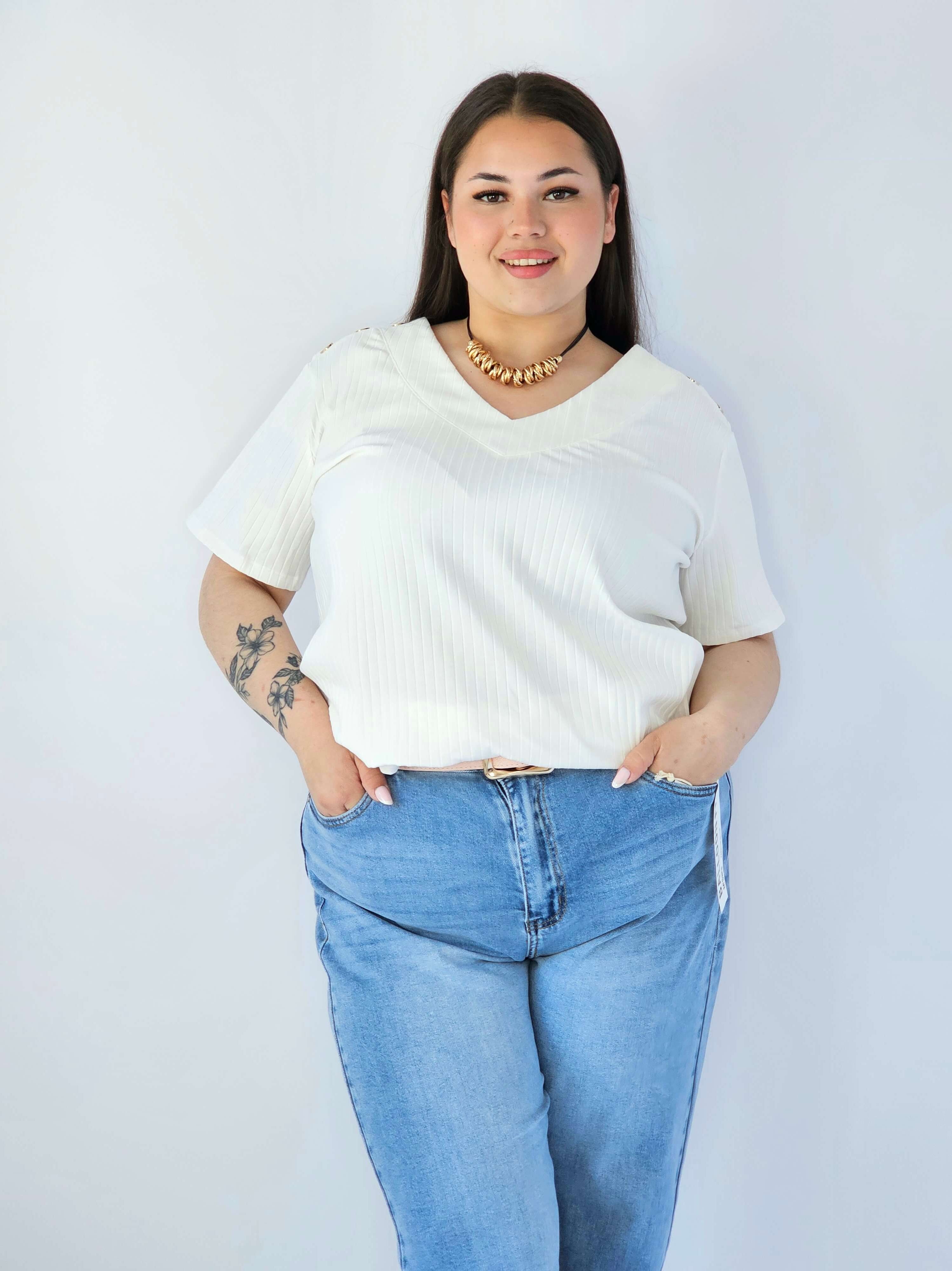 Bluzka Plus Size Z Dekoltem V I Ozdobnymi Detalami Na Ramionach Stylowa XL
