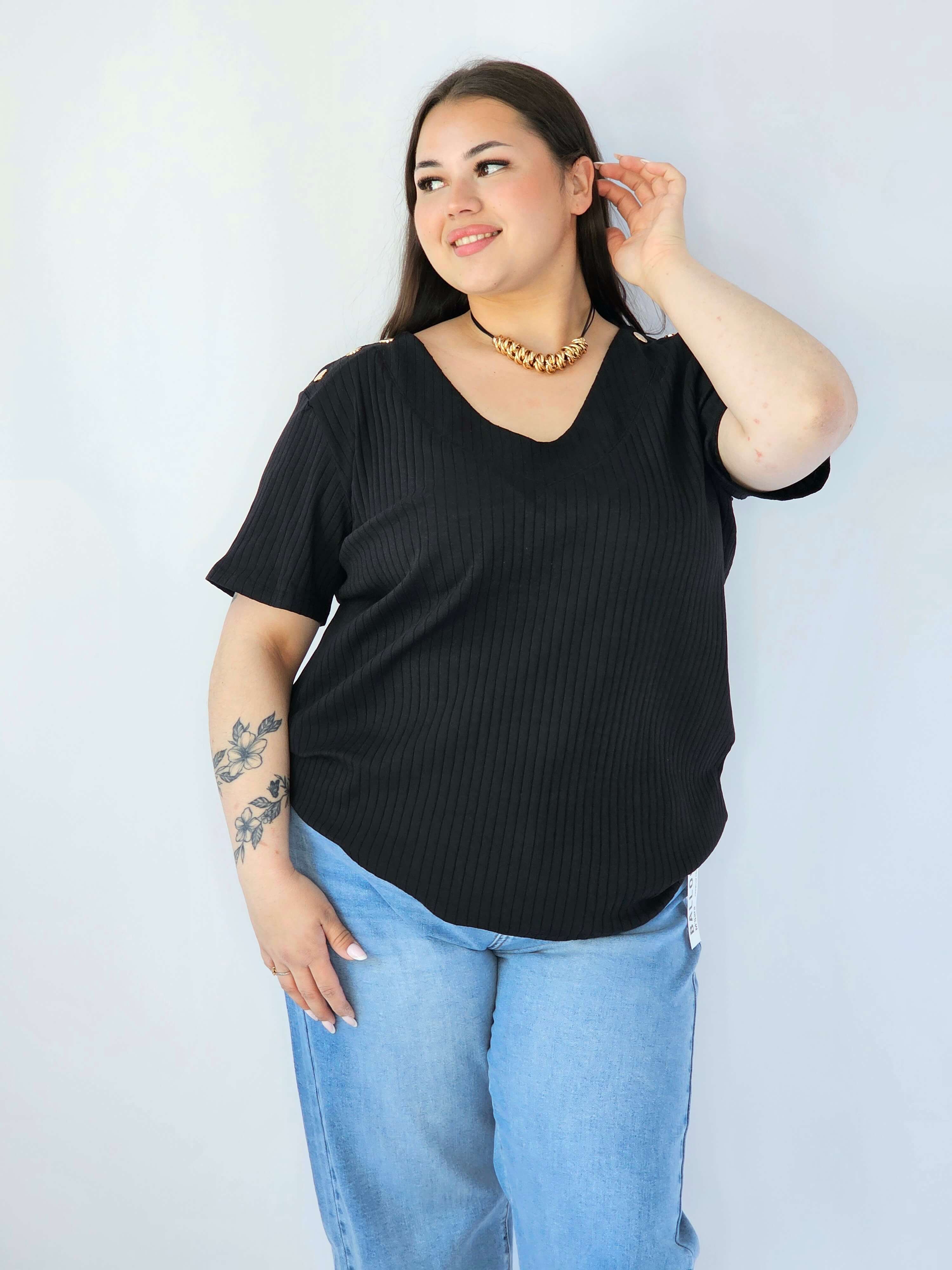 Bluzka Plus Size Z Dekoltem V I Ozdobnymi Detalami Na Ramionach Stylowa XL