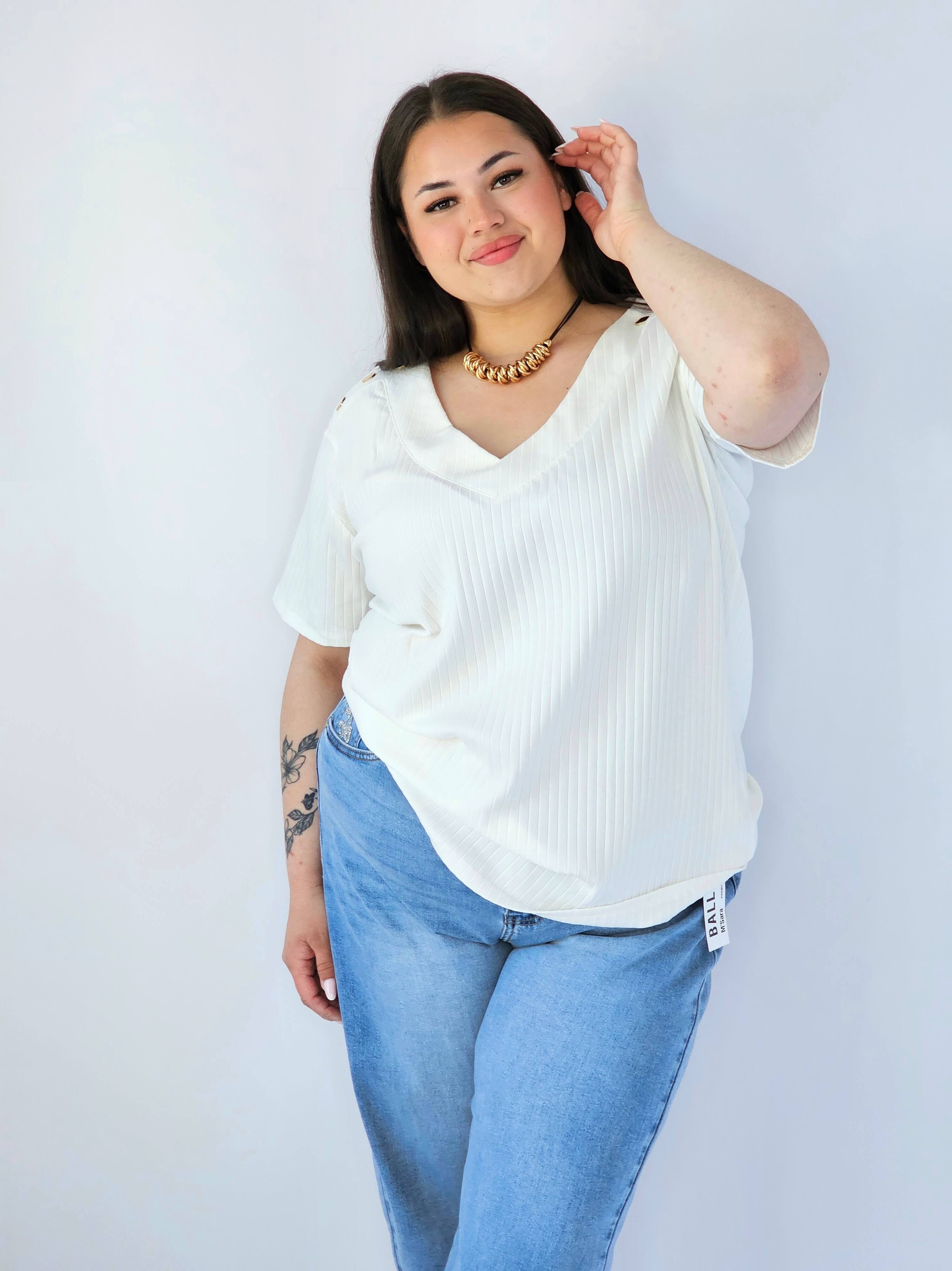 Bluzka Plus Size Z Dekoltem V I Ozdobnymi Detalami Na Ramionach Stylowa XL