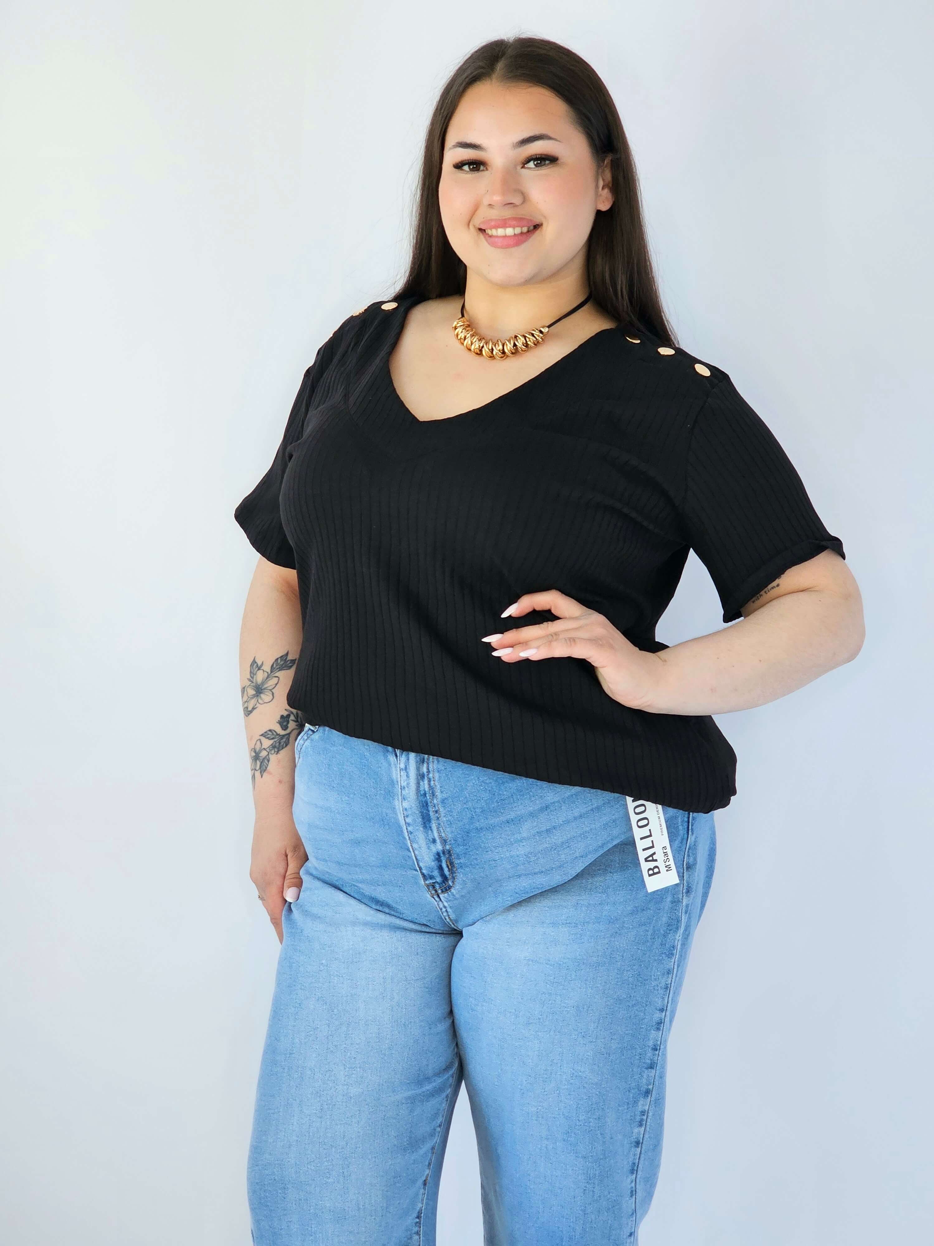 Bluzka Plus Size Z Dekoltem V I Ozdobnymi Detalami Na Ramionach Stylowa XL
